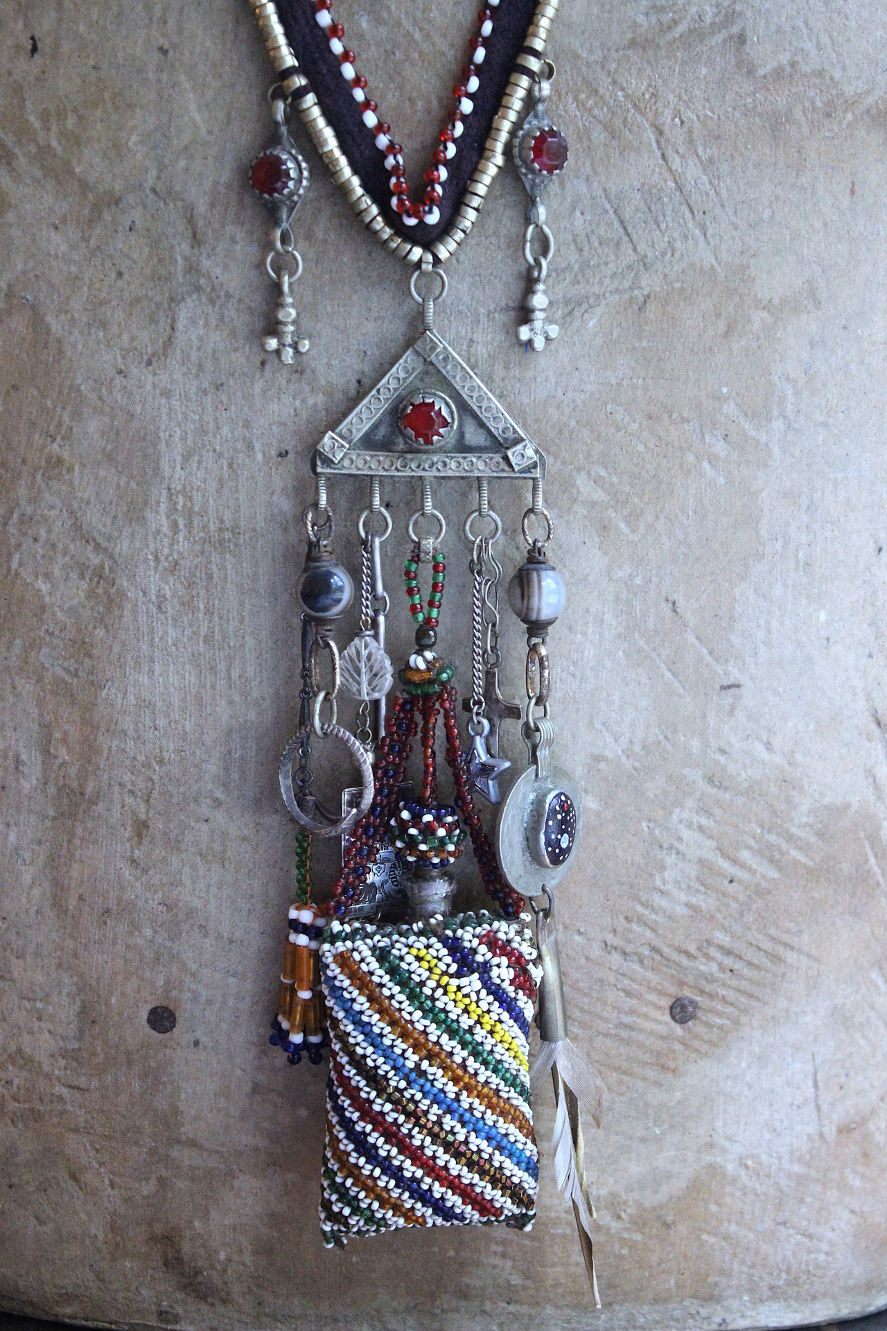 A Tale of Love Necklace with Antique Beaded Glass Vessel,Antique Sterling Snake Ring,Sterling Engraved The Chariot Tarot Card & More!