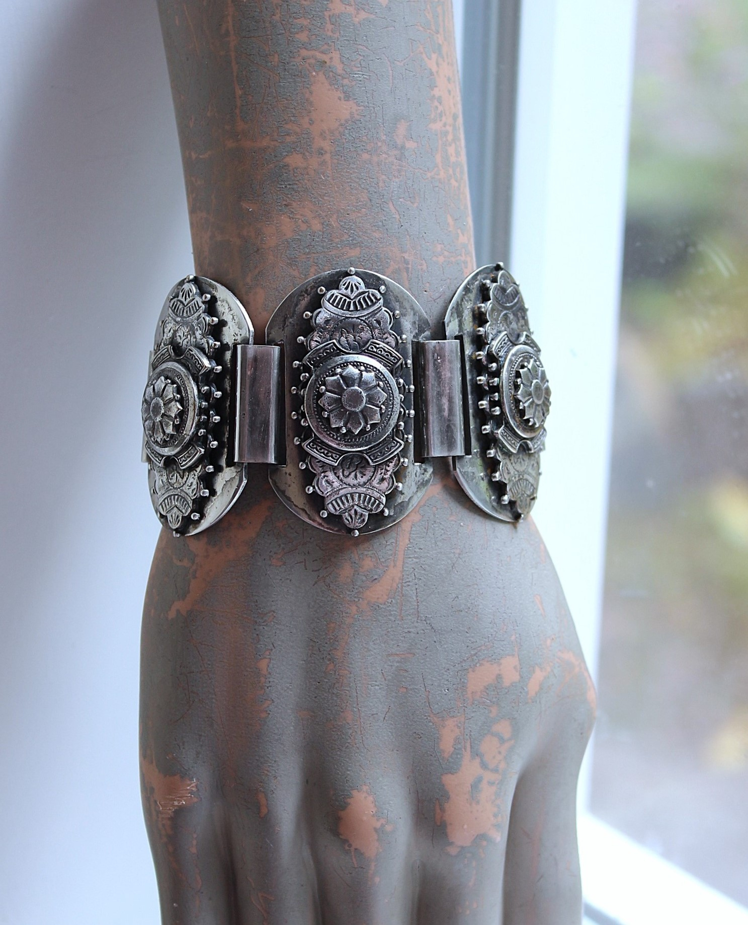 Unique Antique Silver Panel Bracelet with Rare Tiny Antique Sterling Vinaigrette, Rare Antique Sterling 800 Medal, Antique Sterling Cross & More!
