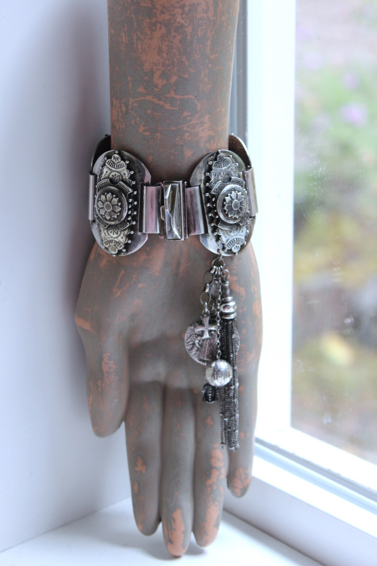 Unique Antique Silver Panel Bracelet with Rare Tiny Antique Sterling Vinaigrette, Rare Antique Sterling 800 Medal, Antique Sterling Cross & More!