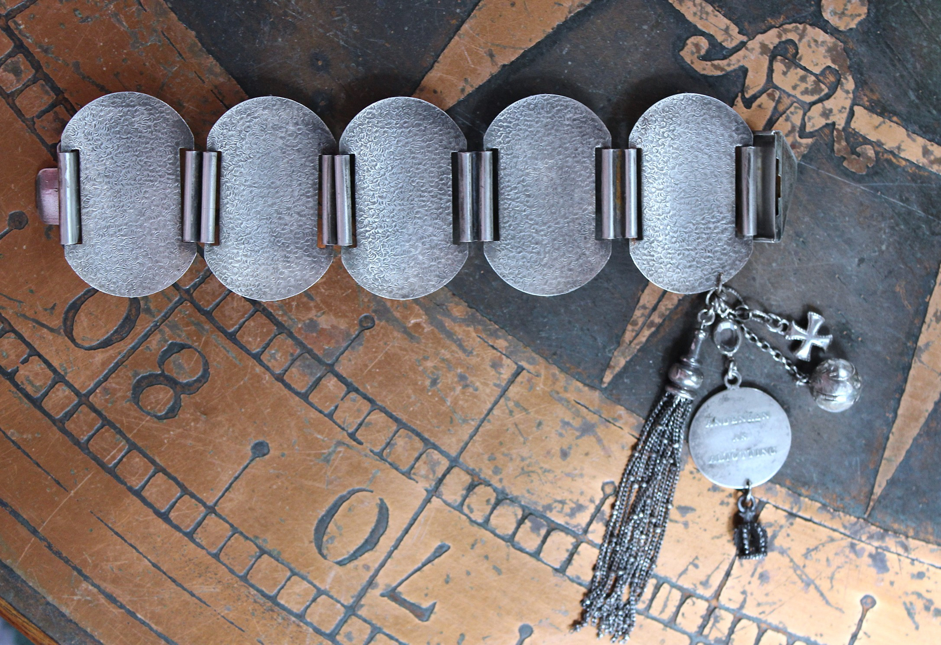 Unique Antique Silver Panel Bracelet with Rare Tiny Antique Sterling Vinaigrette, Rare Antique Sterling 800 Medal, Antique Sterling Cross & More!