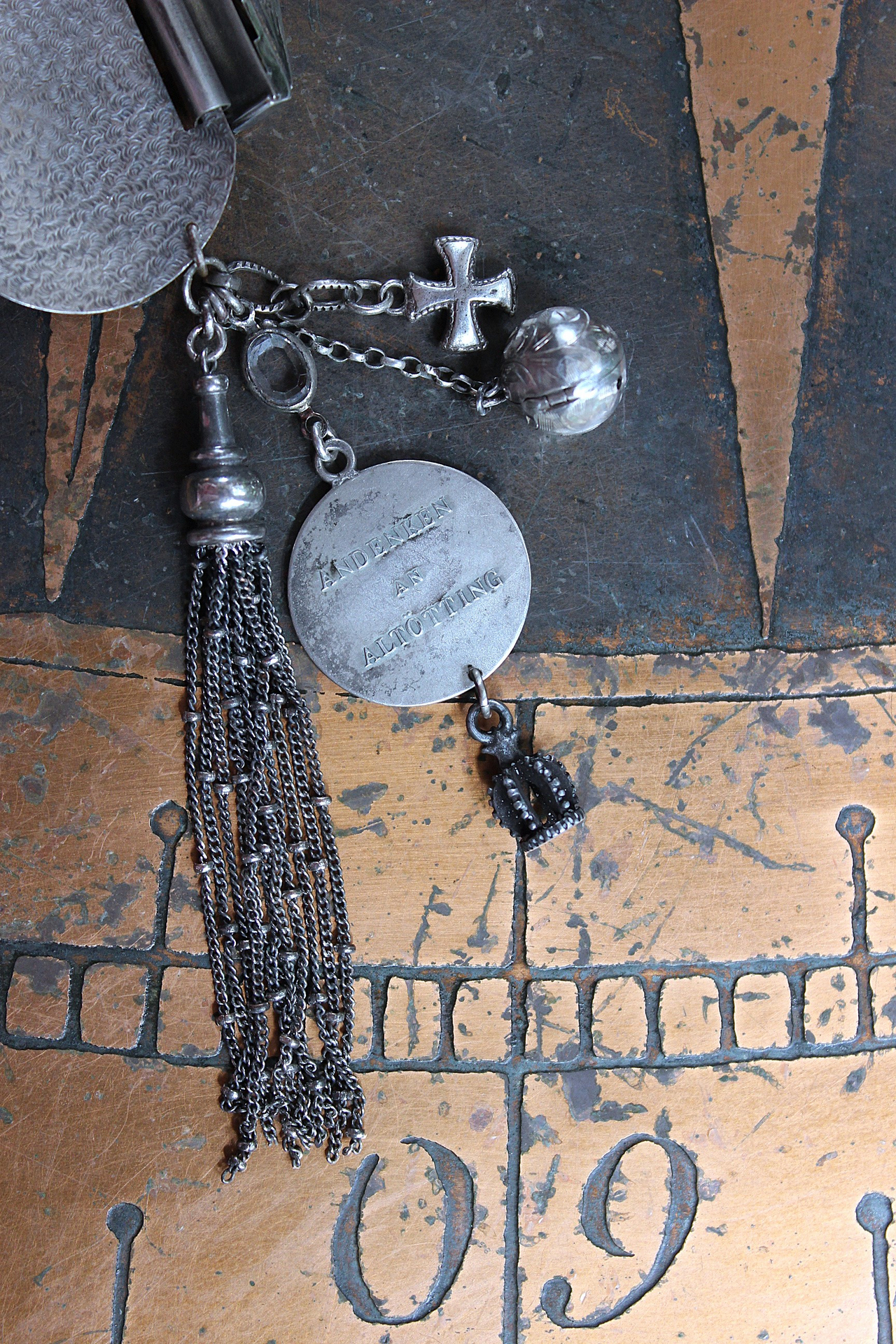 Unique Antique Silver Panel Bracelet with Rare Tiny Antique Sterling Vinaigrette, Rare Antique Sterling 800 Medal, Antique Sterling Cross & More!