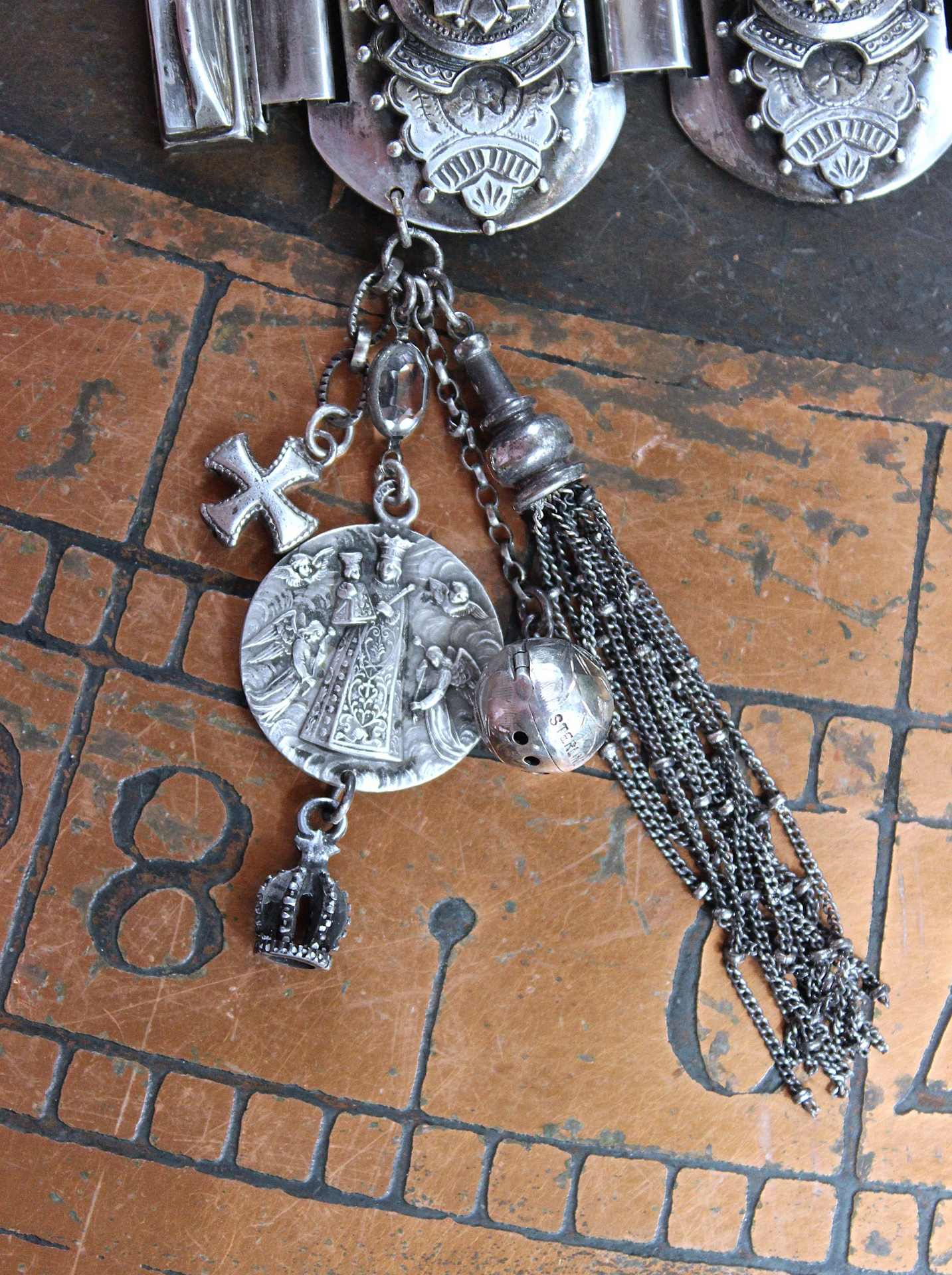 Unique Antique Silver Panel Bracelet with Rare Tiny Antique Sterling Vinaigrette, Rare Antique Sterling 800 Medal, Antique Sterling Cross & More!