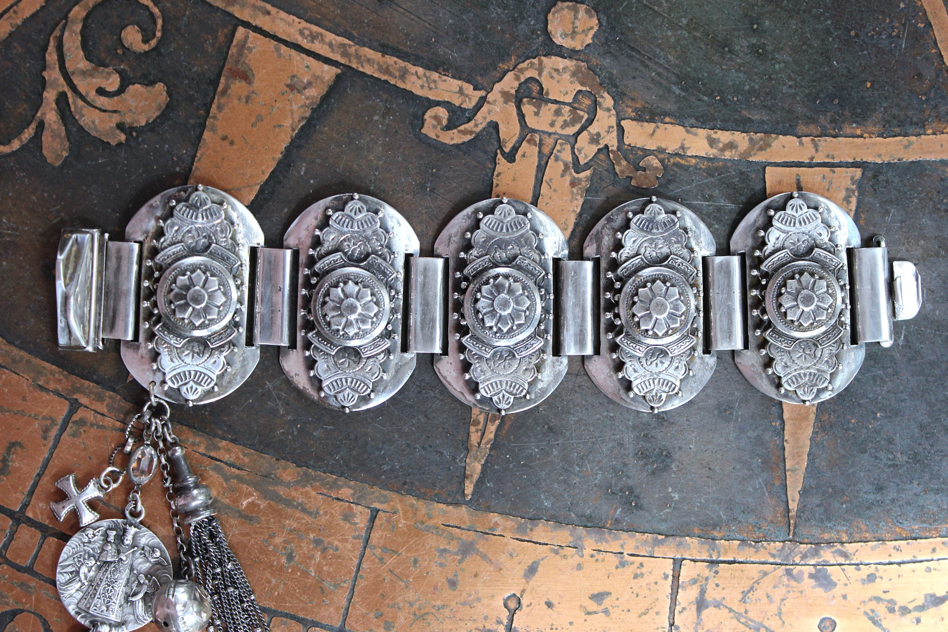 Unique Antique Silver Panel Bracelet with Rare Tiny Antique Sterling Vinaigrette, Rare Antique Sterling 800 Medal, Antique Sterling Cross & More!