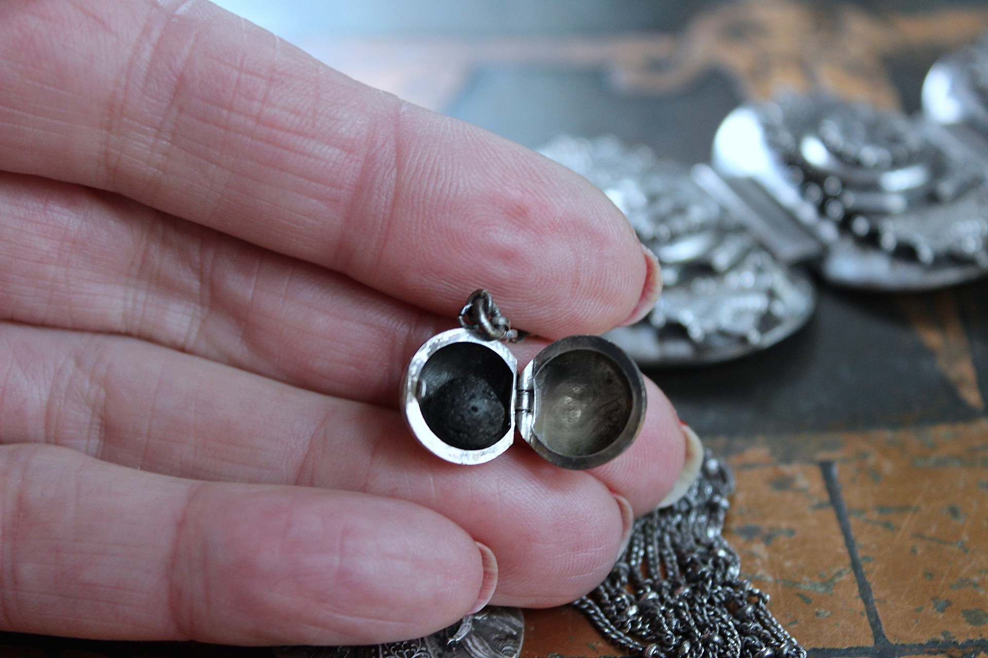 Unique Antique Silver Panel Bracelet with Rare Tiny Antique Sterling Vinaigrette, Rare Antique Sterling 800 Medal, Antique Sterling Cross & More!