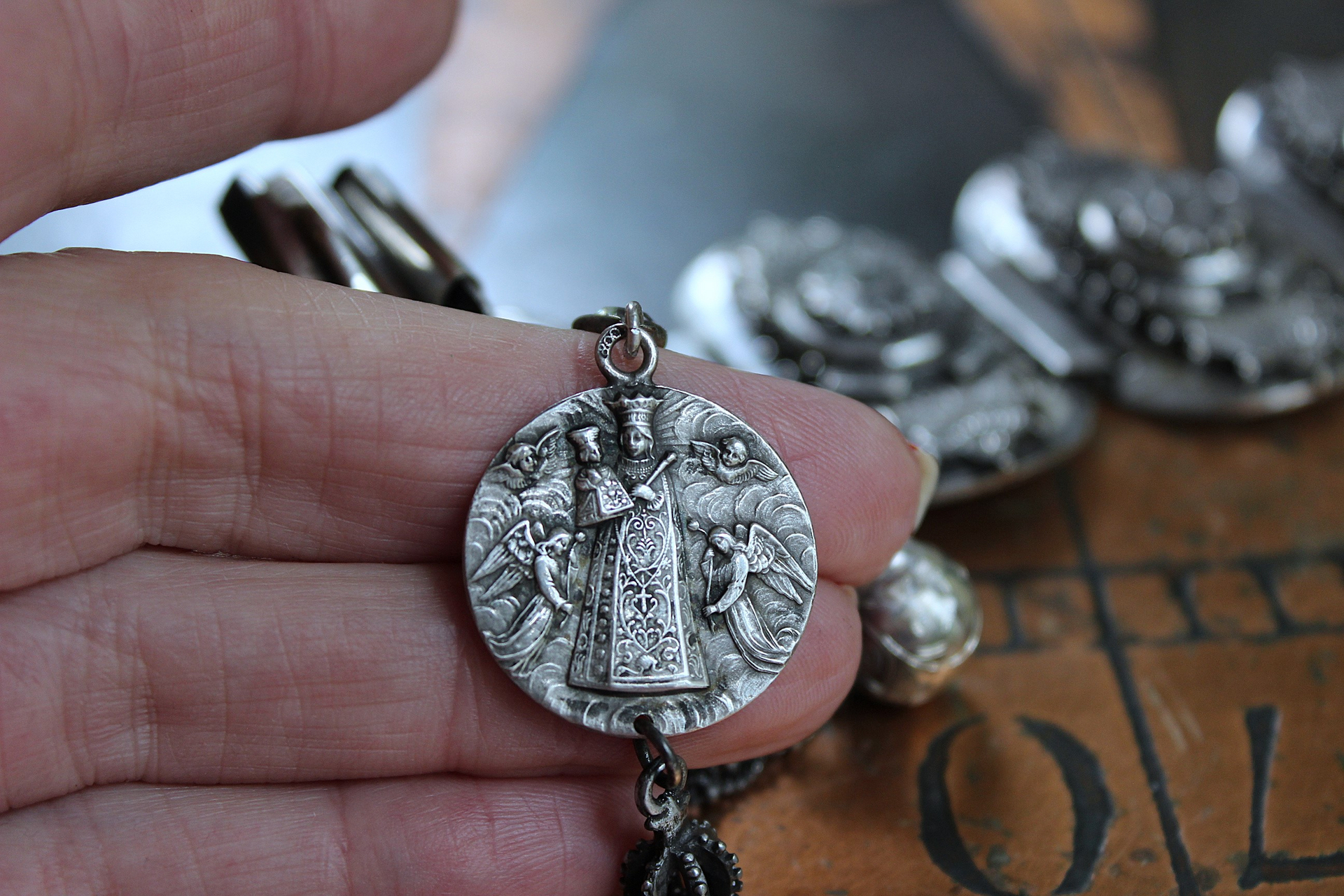 Unique Antique Silver Panel Bracelet with Rare Tiny Antique Sterling Vinaigrette, Rare Antique Sterling 800 Medal, Antique Sterling Cross & More!