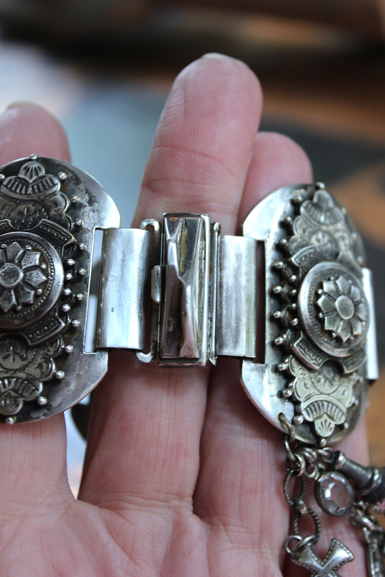 Unique Antique Silver Panel Bracelet with Rare Tiny Antique Sterling Vinaigrette, Rare Antique Sterling 800 Medal, Antique Sterling Cross & More!