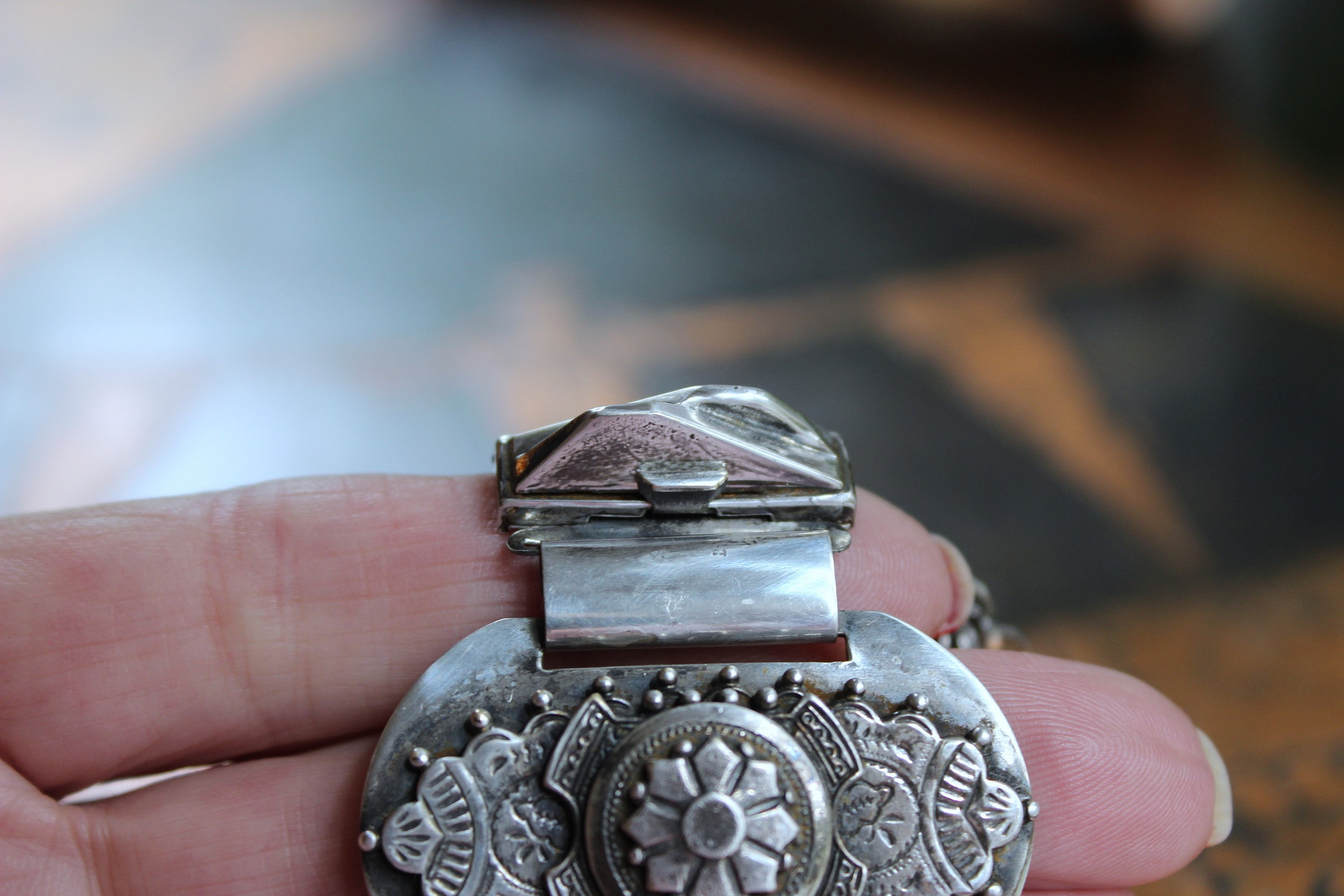 Unique Antique Silver Panel Bracelet with Rare Tiny Antique Sterling Vinaigrette, Rare Antique Sterling 800 Medal, Antique Sterling Cross & More!