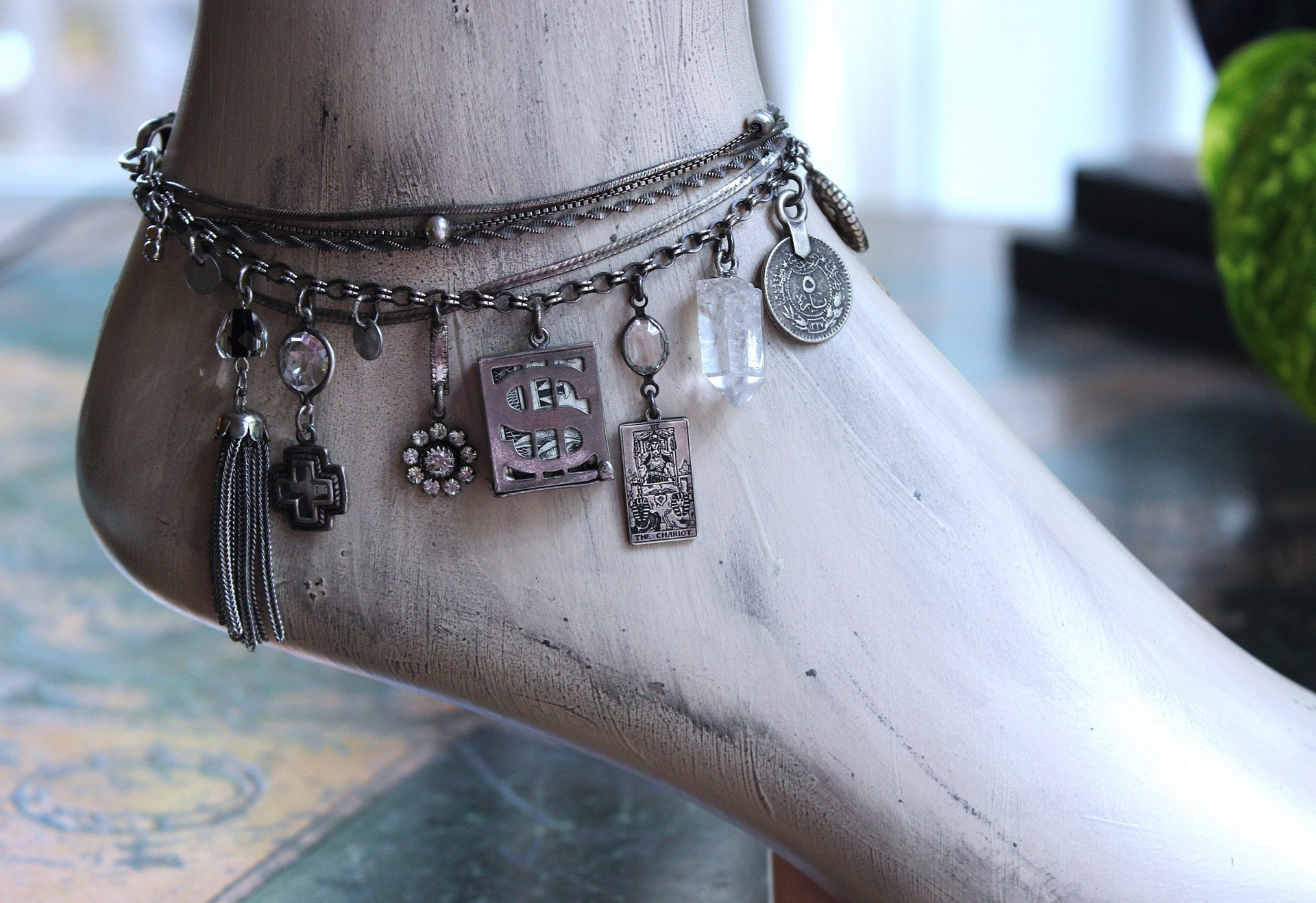 Unique 5 Strand Anklet w/21 Vintage & Antique Dangles - Unusual Sterling Spare $ Locket,Faceted Rock Quartz Point & Drop - and Much More!