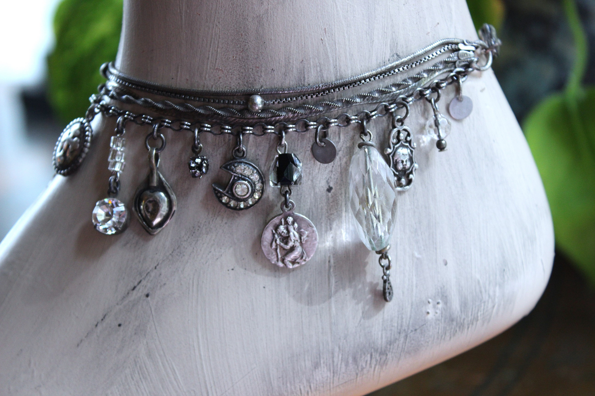 Unique 5 Strand Anklet w/21 Vintage & Antique Dangles - Unusual Sterling Spare $ Locket,Faceted Rock Quartz Point & Drop - and Much More!