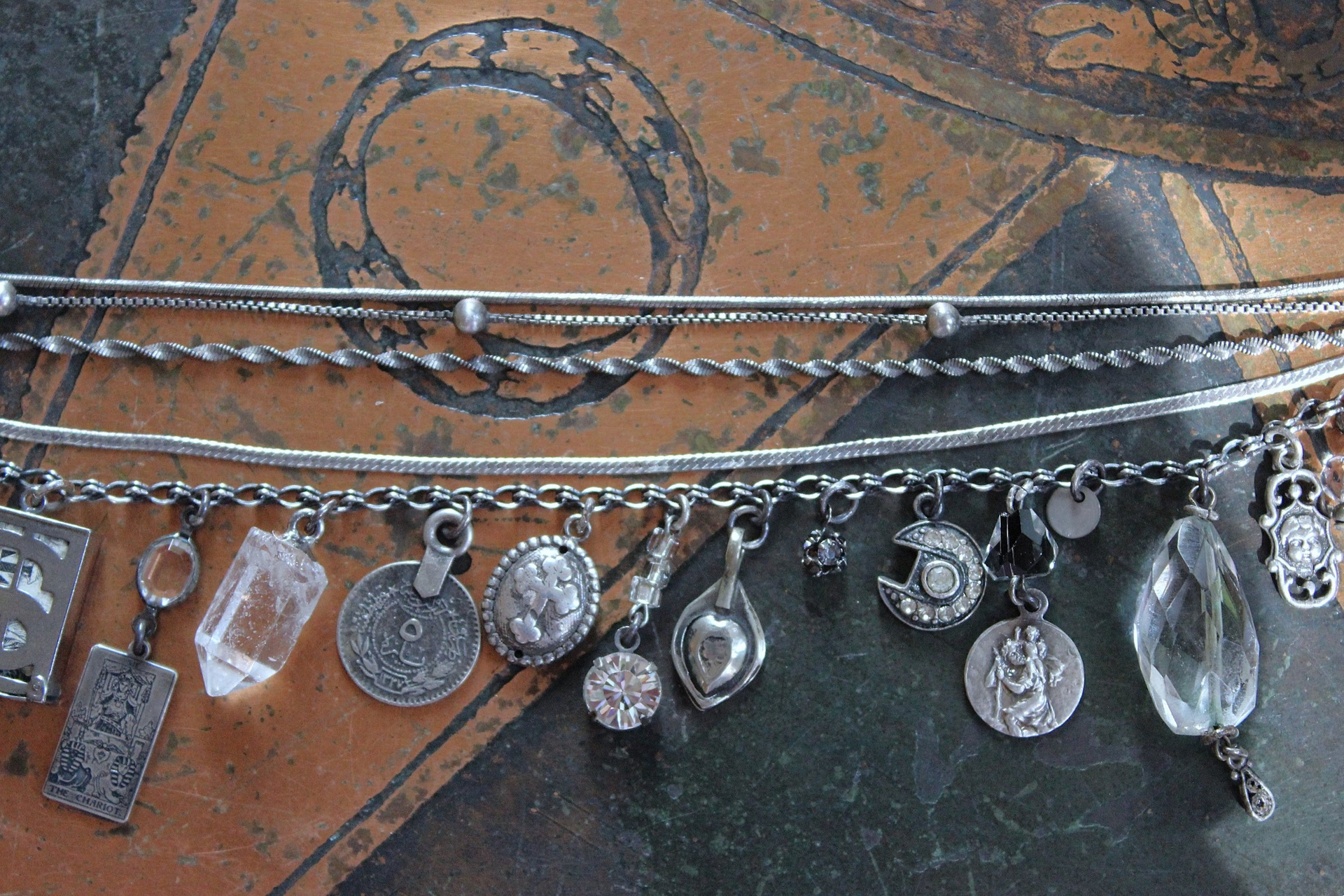 Unique 5 Strand Anklet w/21 Vintage & Antique Dangles - Unusual Sterling Spare $ Locket,Faceted Rock Quartz Point & Drop - and Much More!