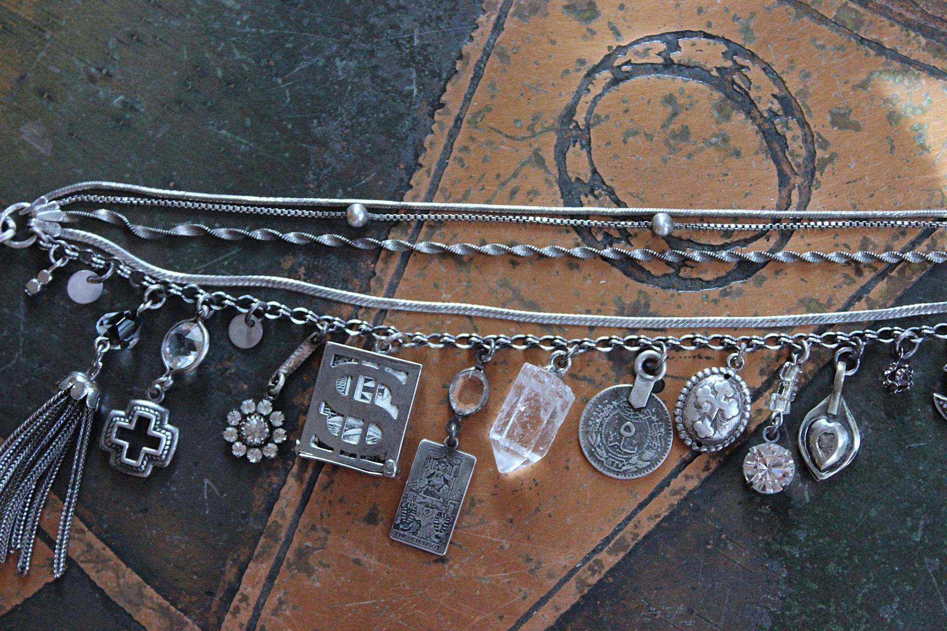 Unique 5 Strand Anklet w/21 Vintage & Antique Dangles - Unusual Sterling Spare $ Locket,Faceted Rock Quartz Point & Drop - and Much More!