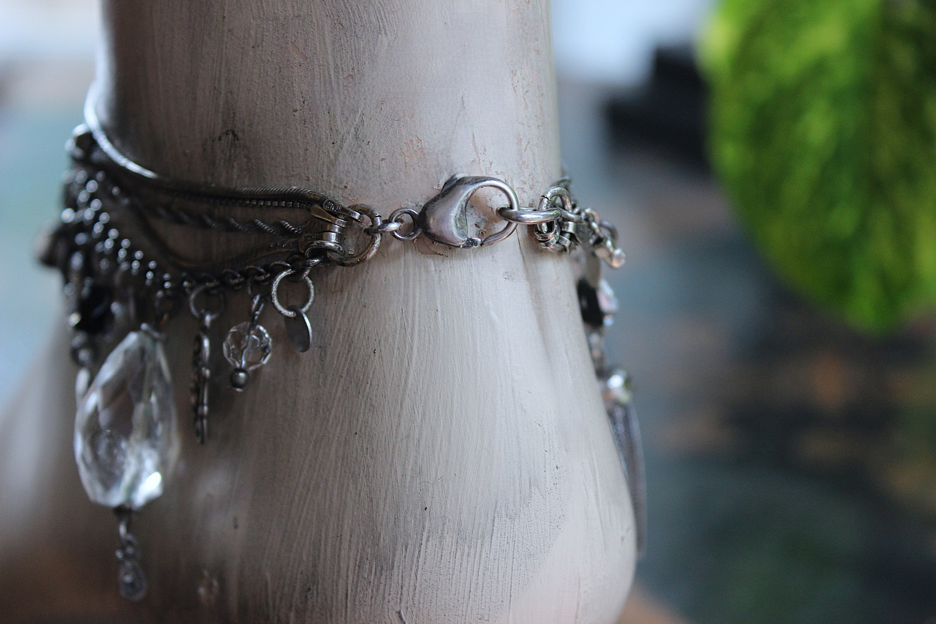 Unique 5 Strand Anklet w/21 Vintage & Antique Dangles - Unusual Sterling Spare $ Locket,Faceted Rock Quartz Point & Drop - and Much More!