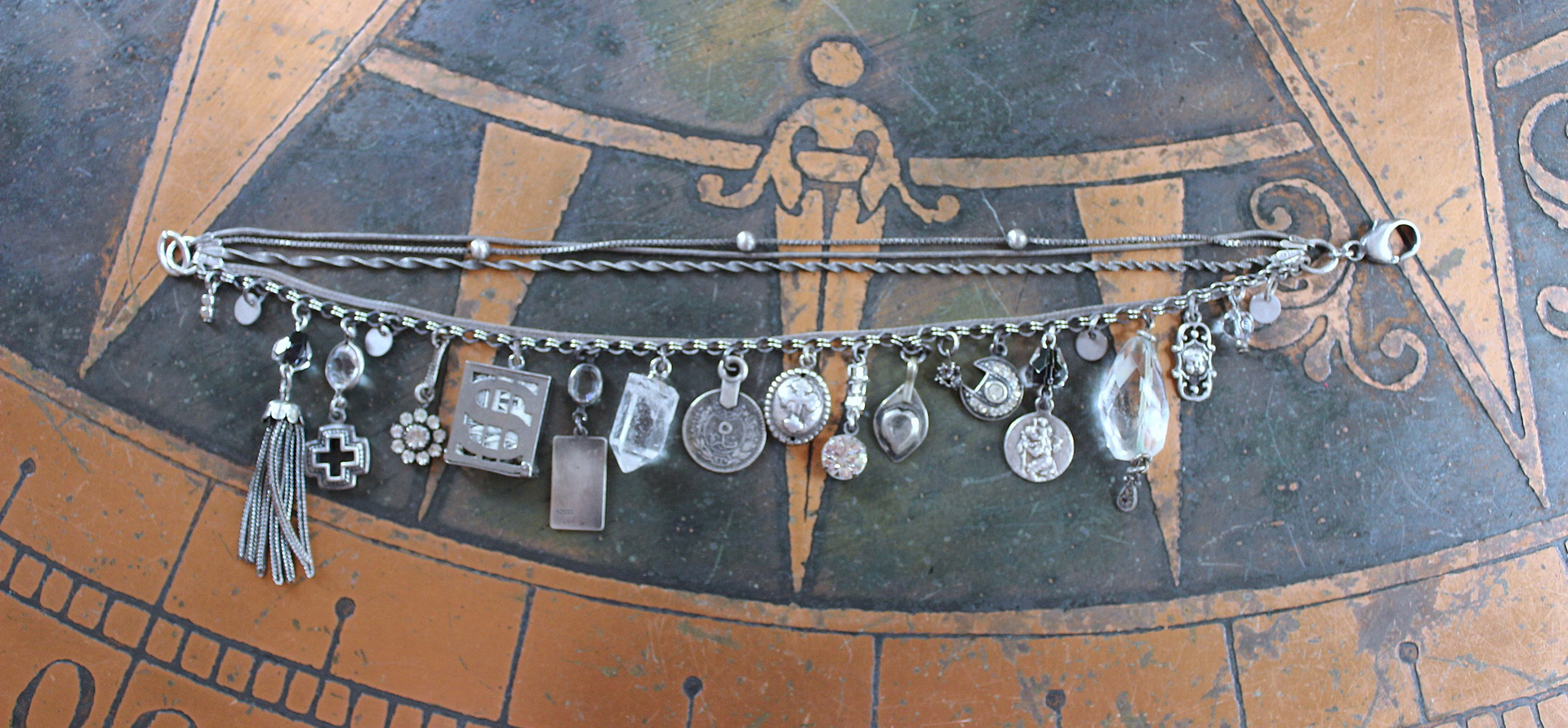 Unique 5 Strand Anklet w/21 Vintage & Antique Dangles - Unusual Sterling Spare $ Locket,Faceted Rock Quartz Point & Drop - and Much More!