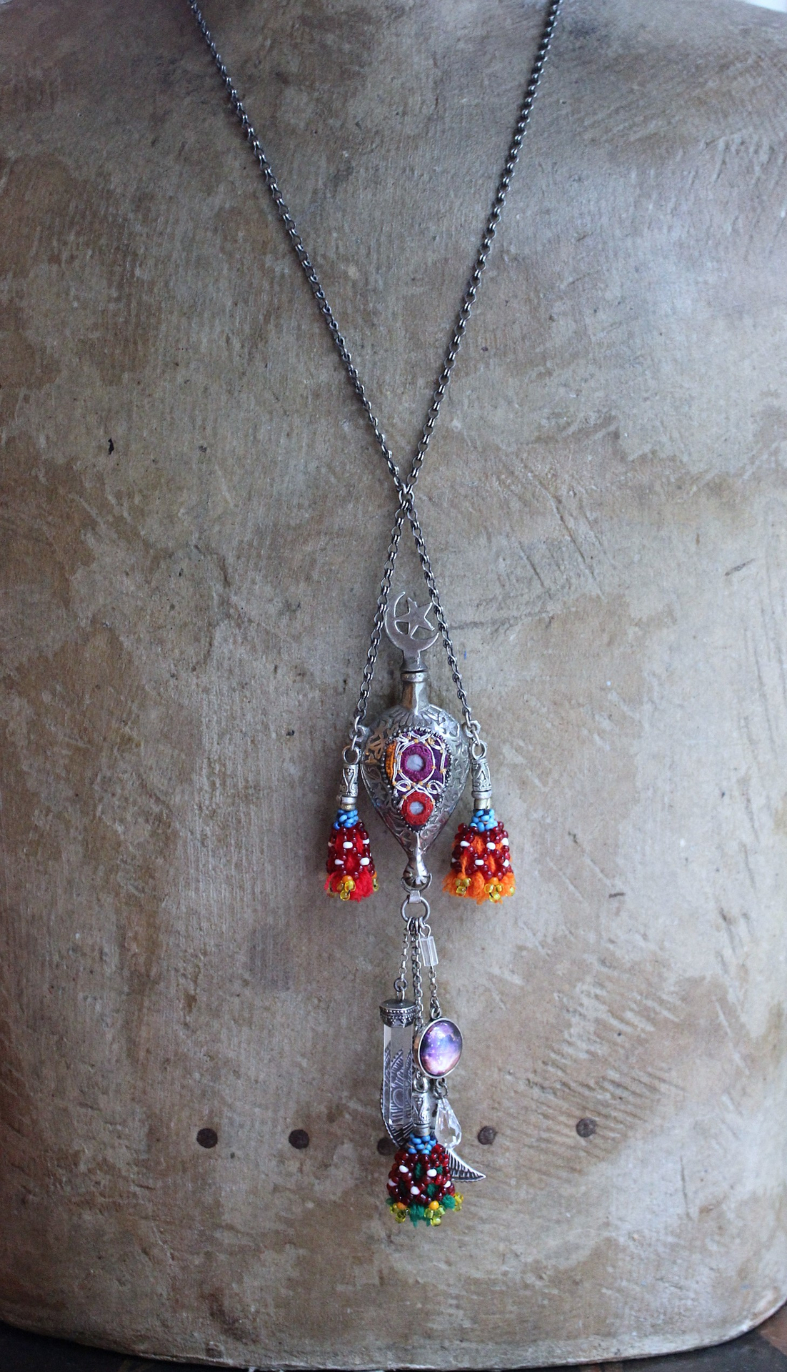NEW! Moon & Stars Necklace w/Unique Antique Turkish Romani Gypsy Perfume Vessel,Sterling Moon Goddess,Sterling Capped Clear Quartz Point & More!