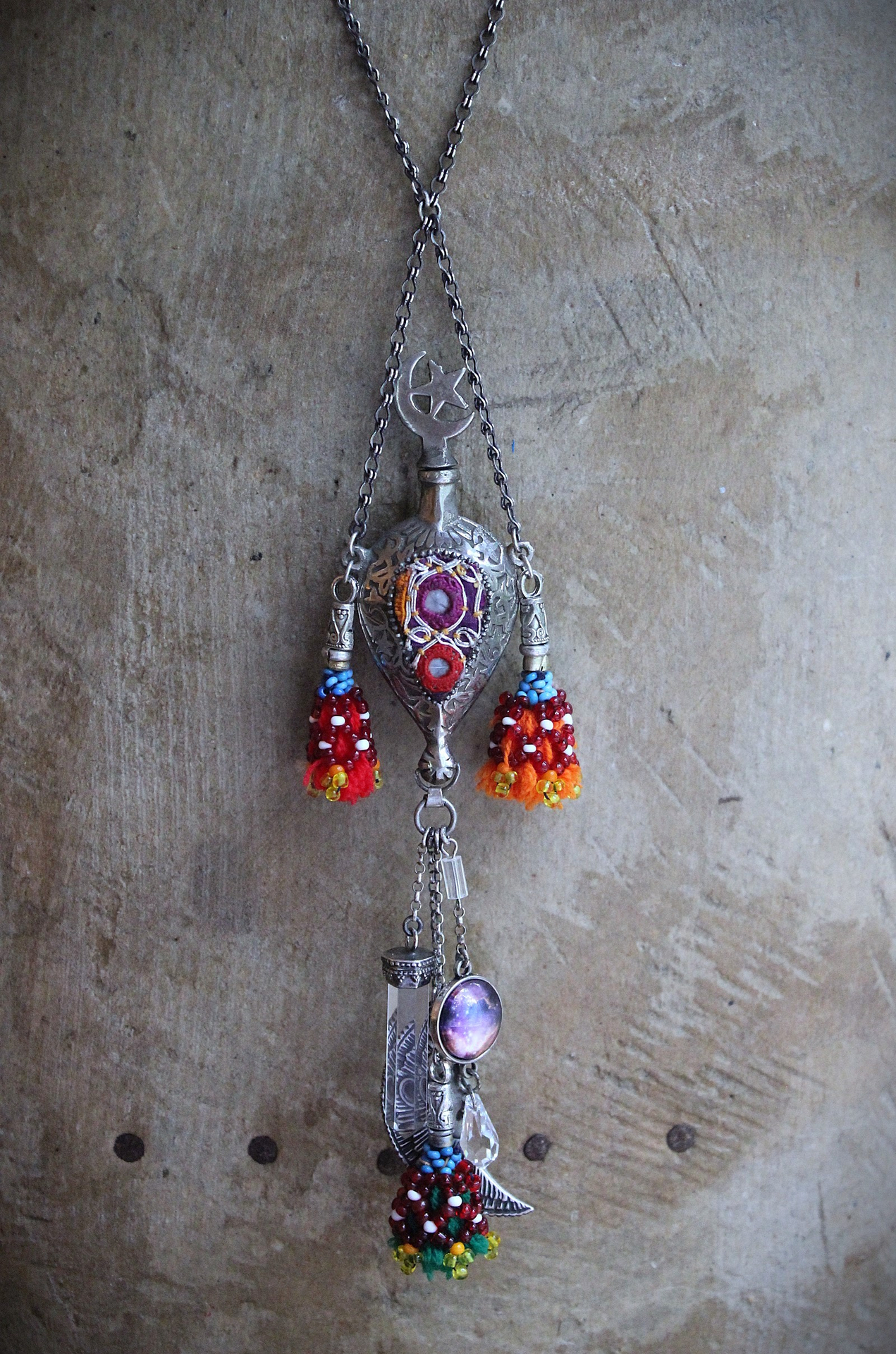 NEW! Moon & Stars Necklace w/Unique Antique Turkish Romani Gypsy Perfume Vessel,Sterling Moon Goddess,Sterling Capped Clear Quartz Point & More!