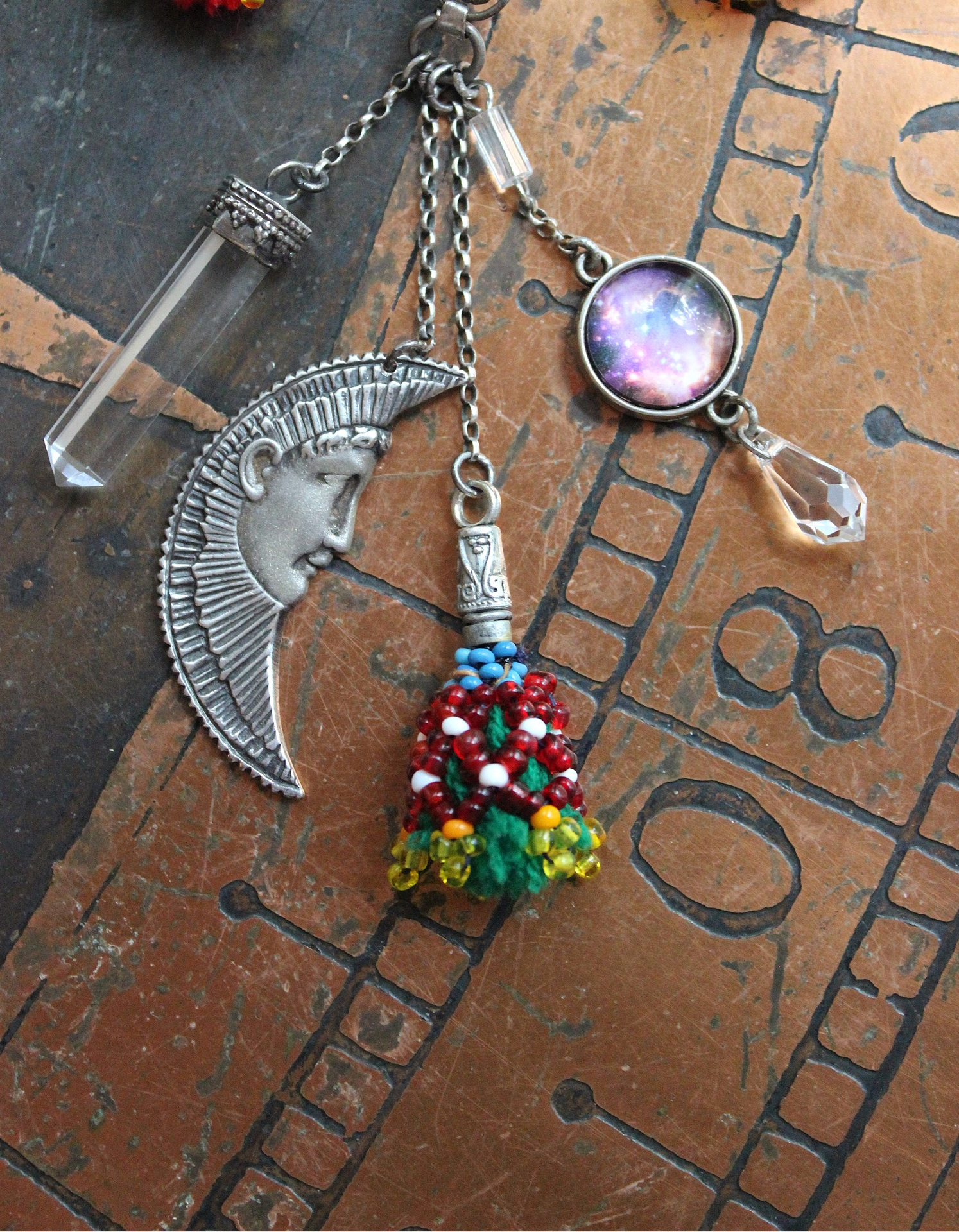 NEW! Moon & Stars Necklace w/Unique Antique Turkish Romani Gypsy Perfume Vessel,Sterling Moon Goddess,Sterling Capped Clear Quartz Point & More!