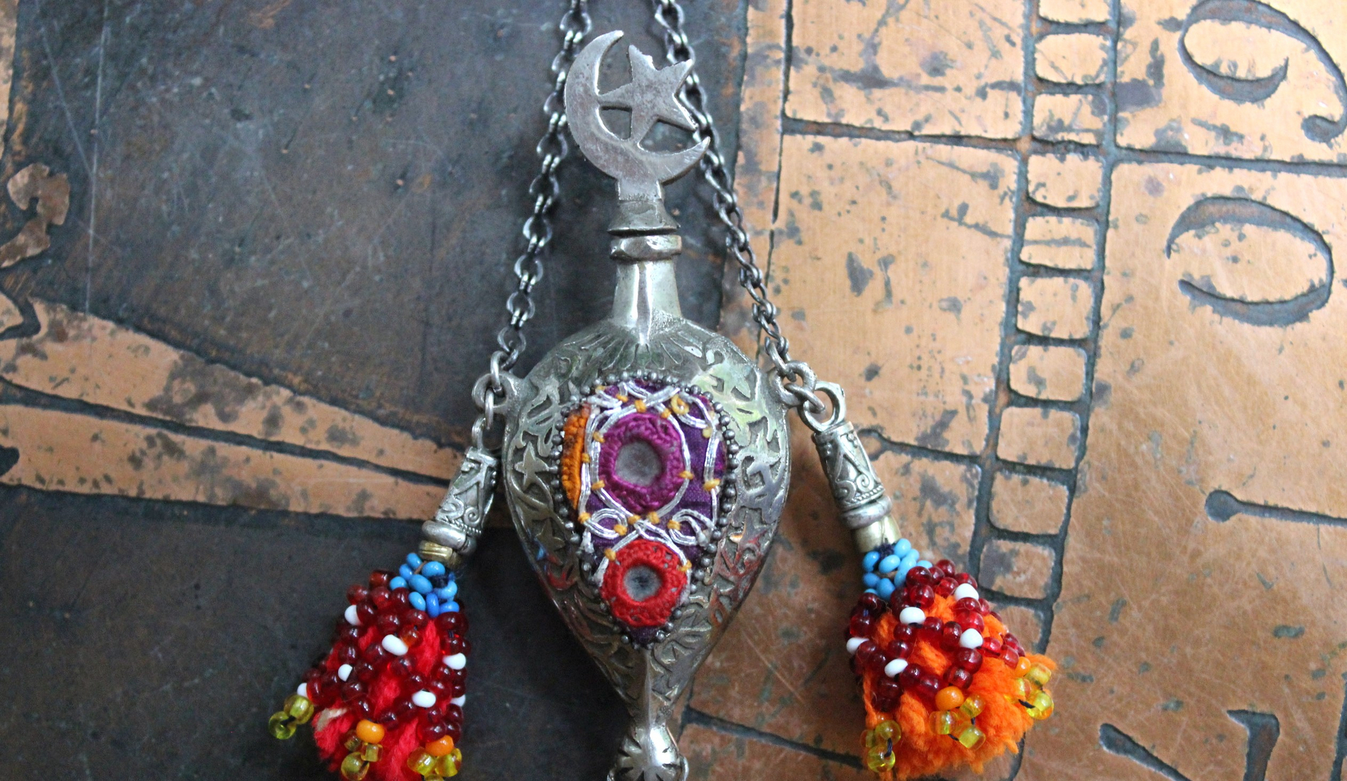 NEW! Moon & Stars Necklace w/Unique Antique Turkish Romani Gypsy Perfume Vessel,Sterling Moon Goddess,Sterling Capped Clear Quartz Point & More!