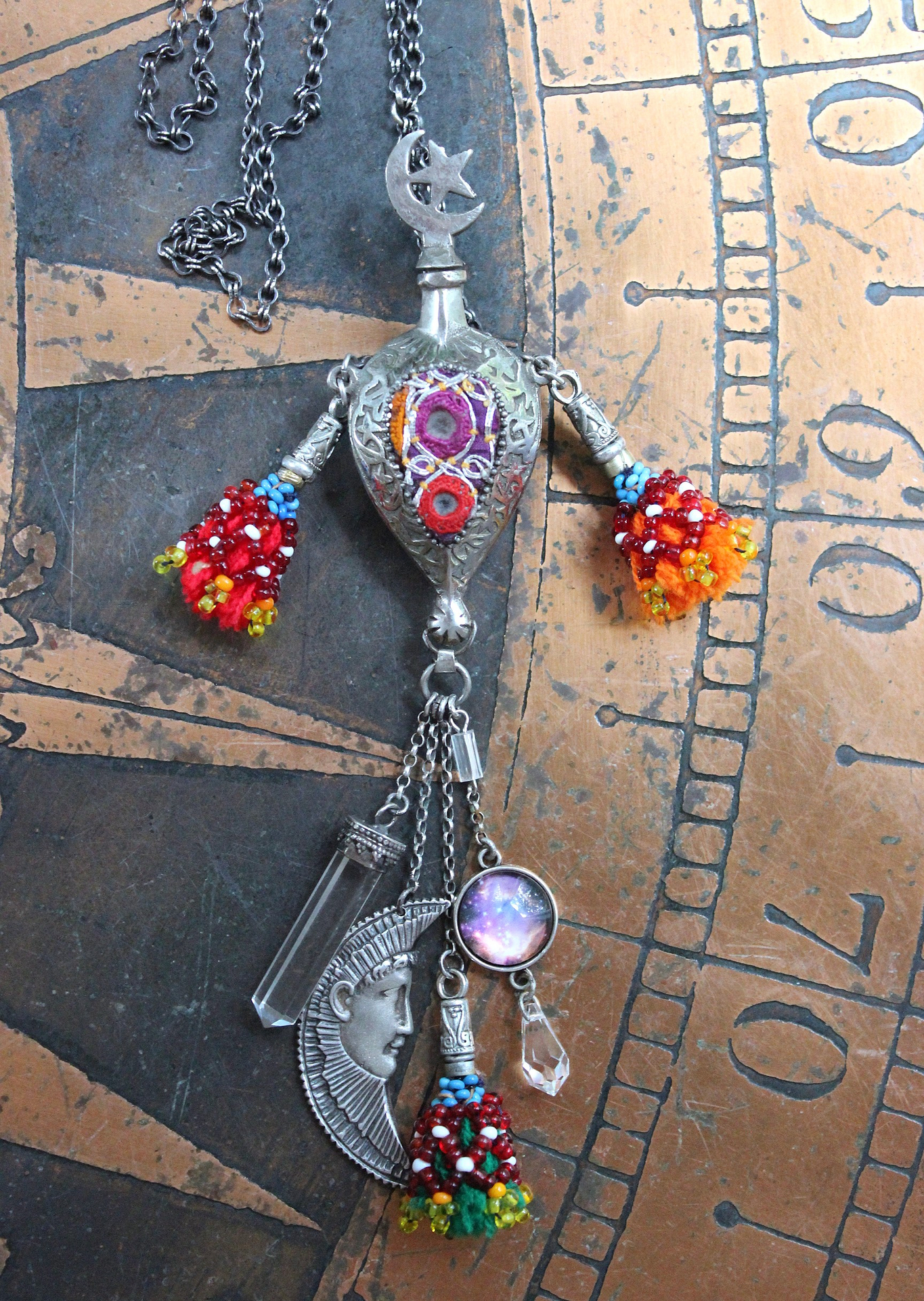 NEW! Moon & Stars Necklace w/Unique Antique Turkish Romani Gypsy Perfume Vessel,Sterling Moon Goddess,Sterling Capped Clear Quartz Point & More!