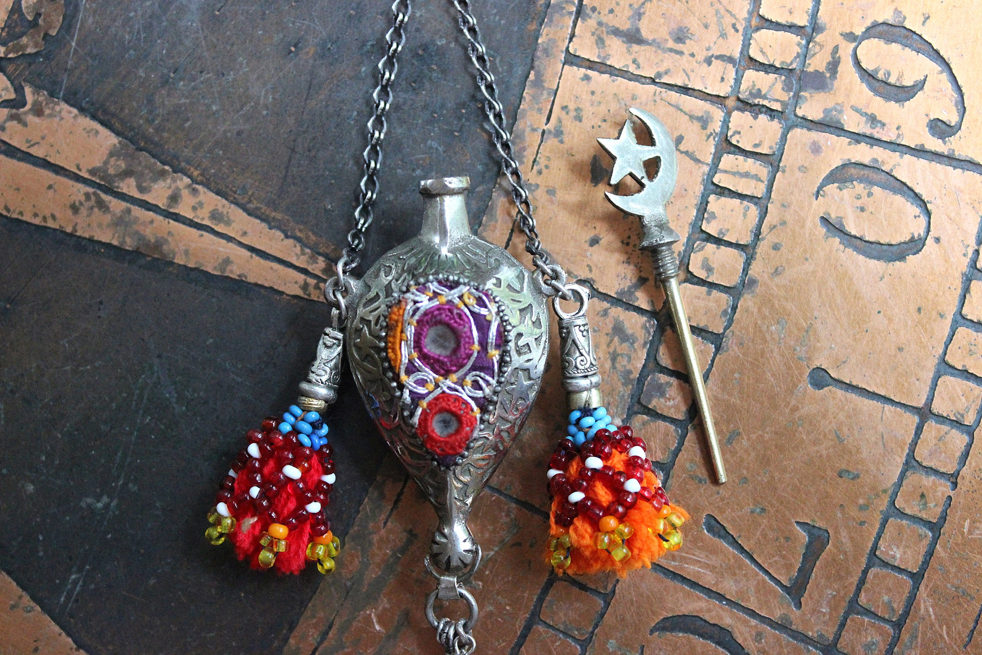 NEW! Moon & Stars Necklace w/Unique Antique Turkish Romani Gypsy Perfume Vessel,Sterling Moon Goddess,Sterling Capped Clear Quartz Point & More!