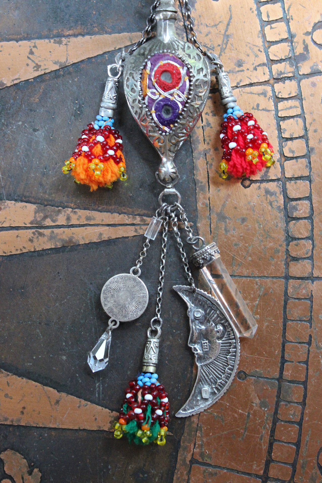 NEW! Moon & Stars Necklace w/Unique Antique Turkish Romani Gypsy Perfume Vessel,Sterling Moon Goddess,Sterling Capped Clear Quartz Point & More!