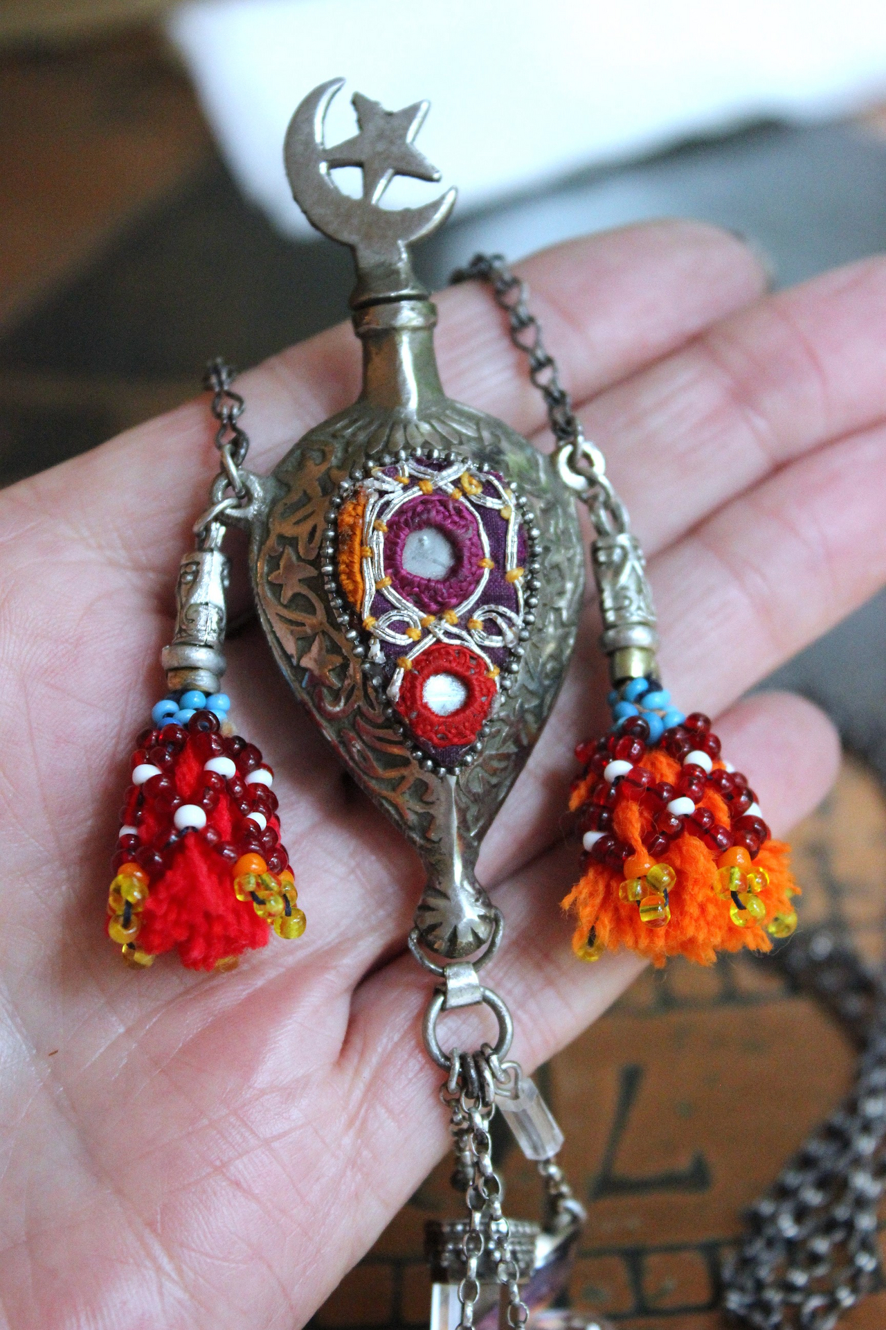 NEW! Moon & Stars Necklace w/Unique Antique Turkish Romani Gypsy Perfume Vessel,Sterling Moon Goddess,Sterling Capped Clear Quartz Point & More!