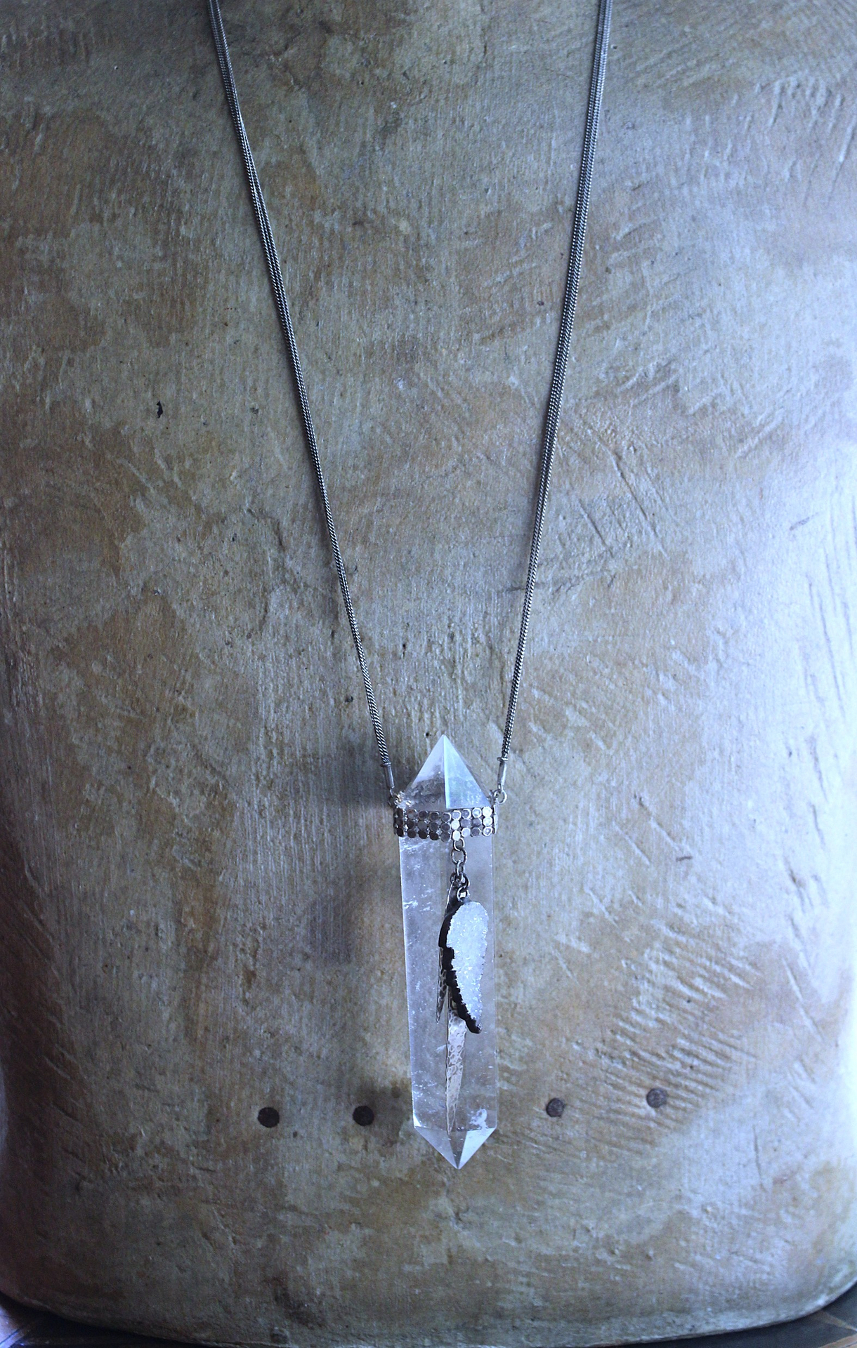 NEW! Water Clear Double Terminated Rock Quartz Point Necklace w/Antique Sterling Mesh Collar, Crystal Druzy Wing, Sterling Drops & 3 Strand Sterling Chain