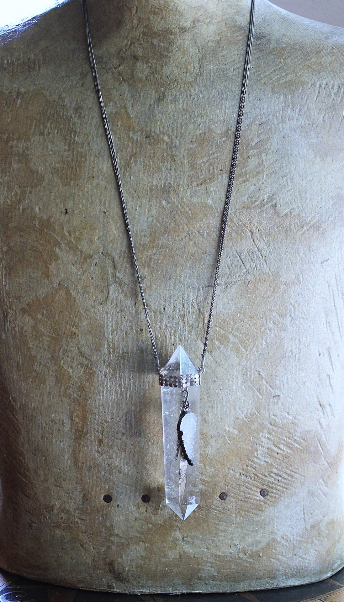 NEW! Water Clear Double Terminated Rock Quartz Point Necklace w/Antique Sterling Mesh Collar, Crystal Druzy Wing, Sterling Drops & 3 Strand Sterling Chain