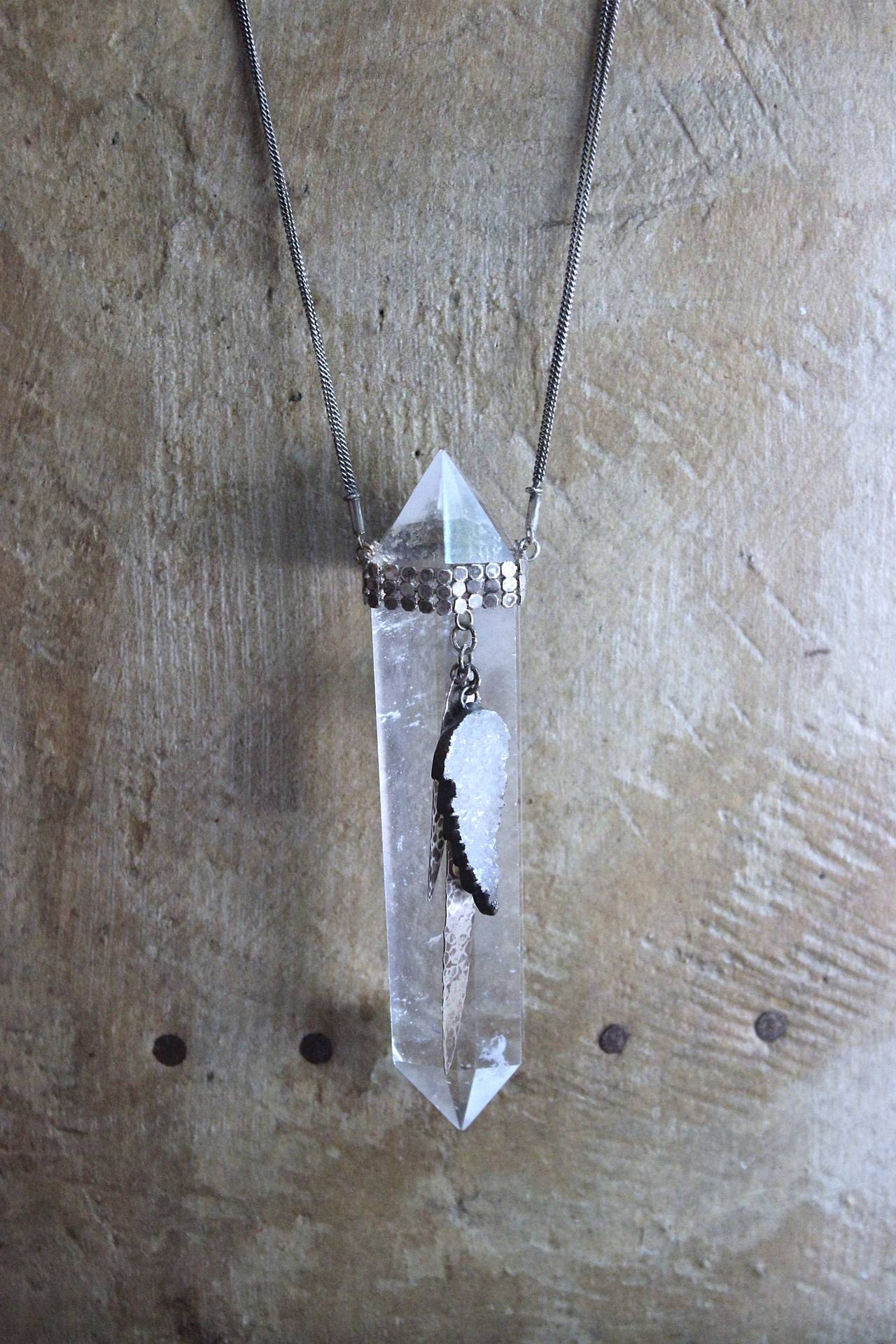 NEW! Water Clear Double Terminated Rock Quartz Point Necklace w/Antique Sterling Mesh Collar, Crystal Druzy Wing, Sterling Drops & 3 Strand Sterling Chain
