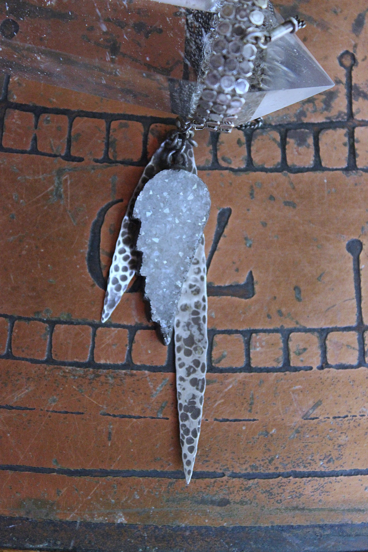 NEW! Water Clear Double Terminated Rock Quartz Point Necklace w/Antique Sterling Mesh Collar, Crystal Druzy Wing, Sterling Drops & 3 Strand Sterling Chain
