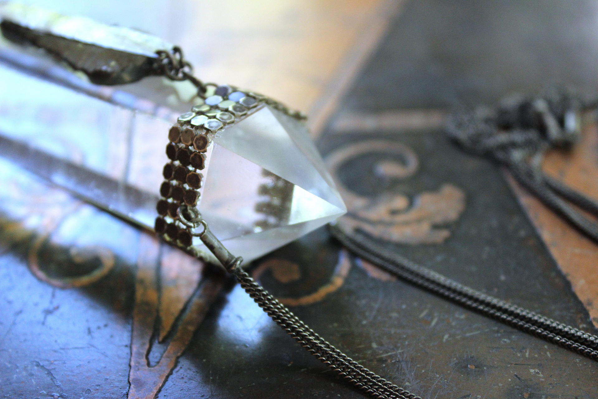 NEW! Water Clear Double Terminated Rock Quartz Point Necklace w/Antique Sterling Mesh Collar, Crystal Druzy Wing, Sterling Drops & 3 Strand Sterling Chain