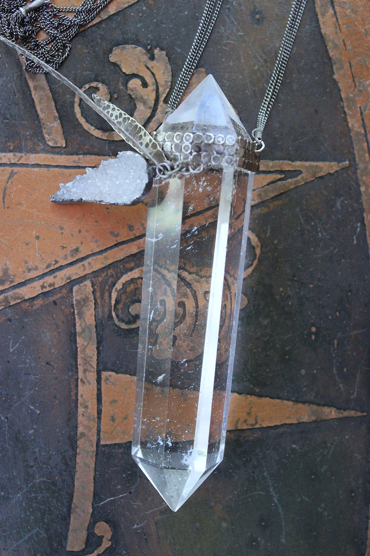 NEW! Water Clear Double Terminated Rock Quartz Point Necklace w/Antique Sterling Mesh Collar, Crystal Druzy Wing, Sterling Drops & 3 Strand Sterling Chain