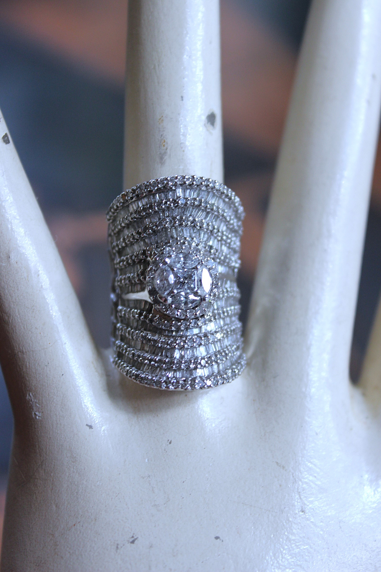 Amazing Wide 18K White Gold Diamond Ring with 18 Rows of Round & Baguette Diamonds and Square Princess Cut Diamond 