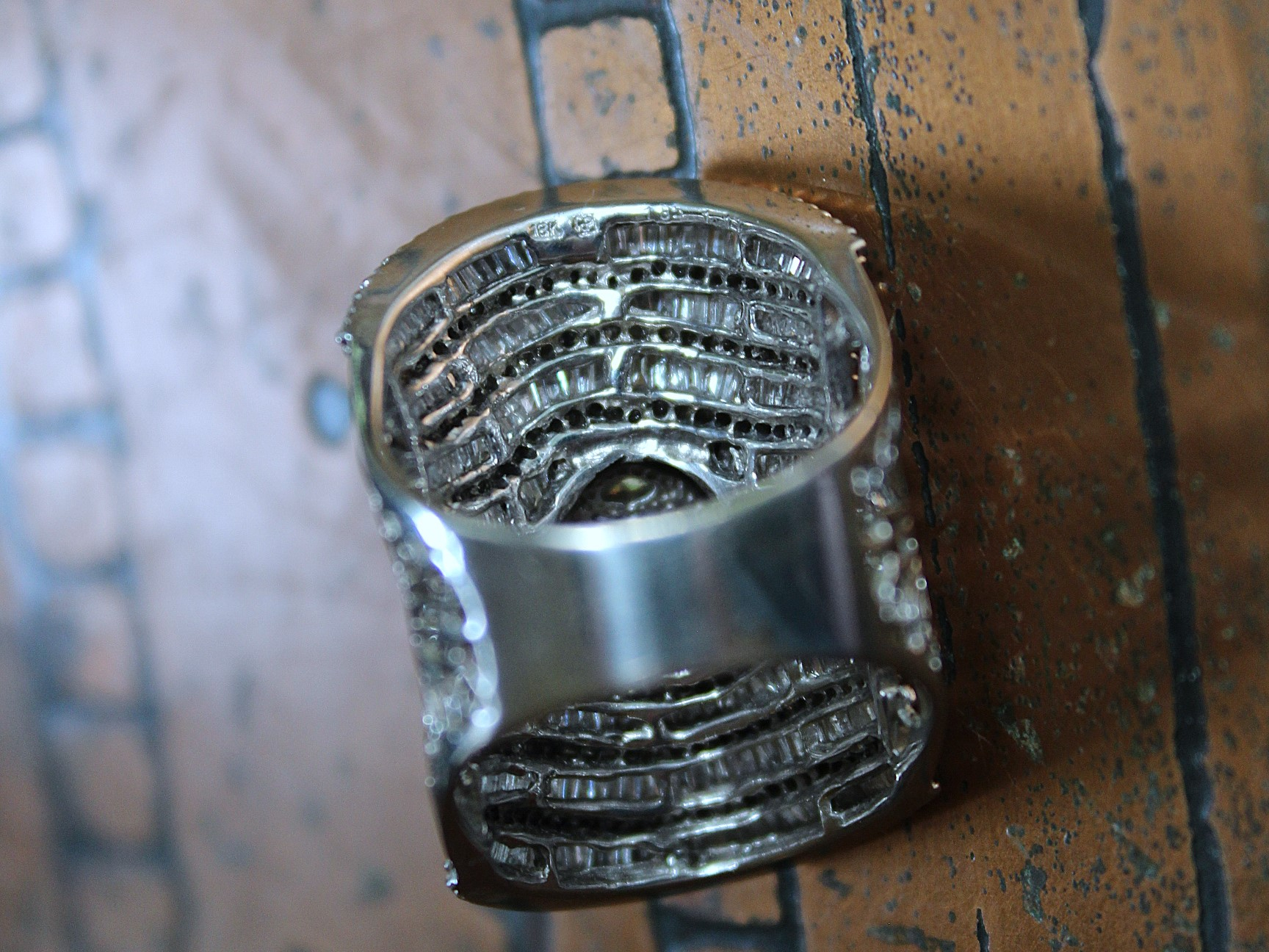 Amazing Wide 18K White Gold Diamond Ring with 18 Rows of Round & Baguette Diamonds and Square Princess Cut Diamond 