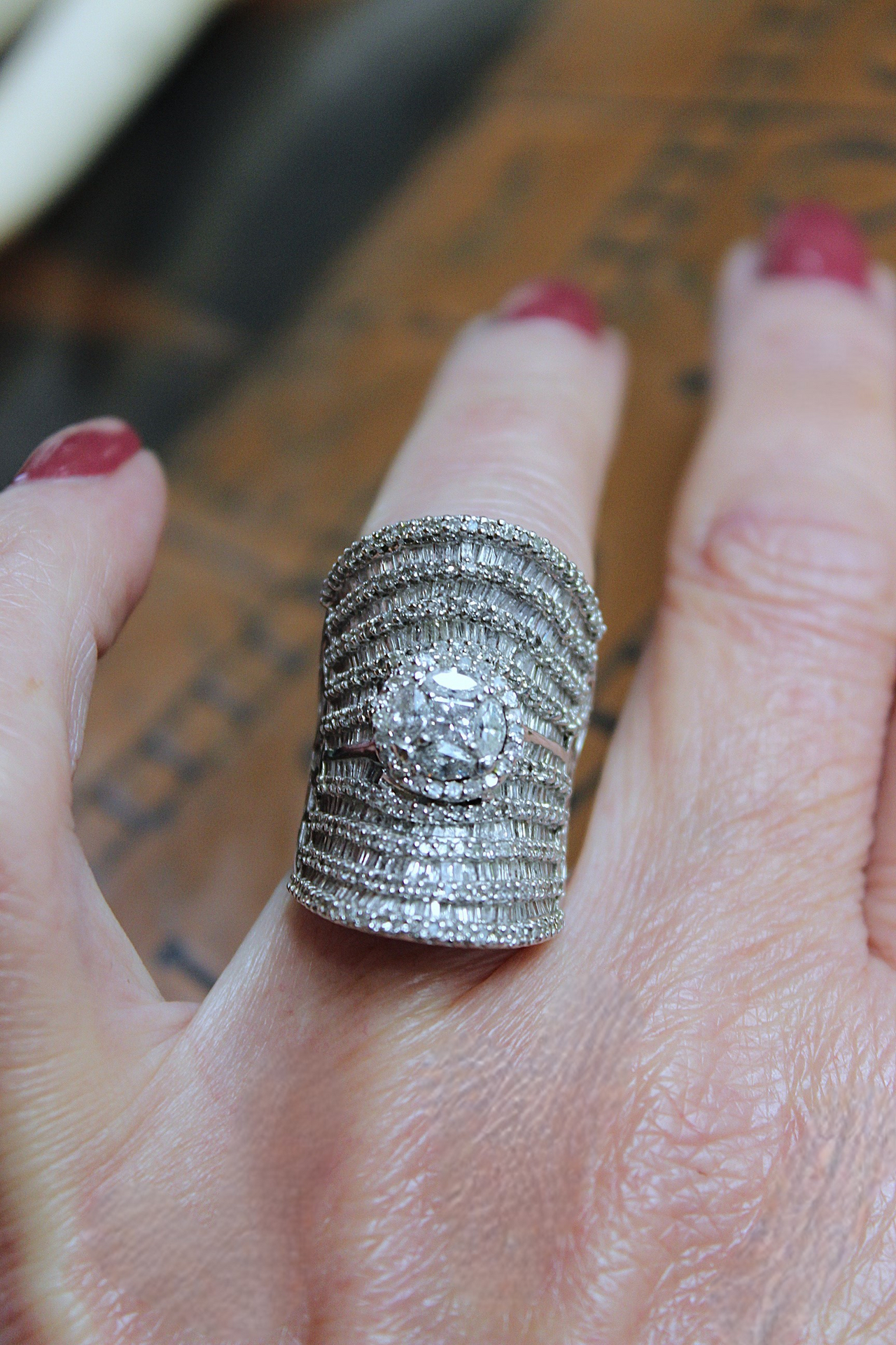 Amazing Wide 18K White Gold Diamond Ring with 18 Rows of Round & Baguette Diamonds and Square Princess Cut Diamond 