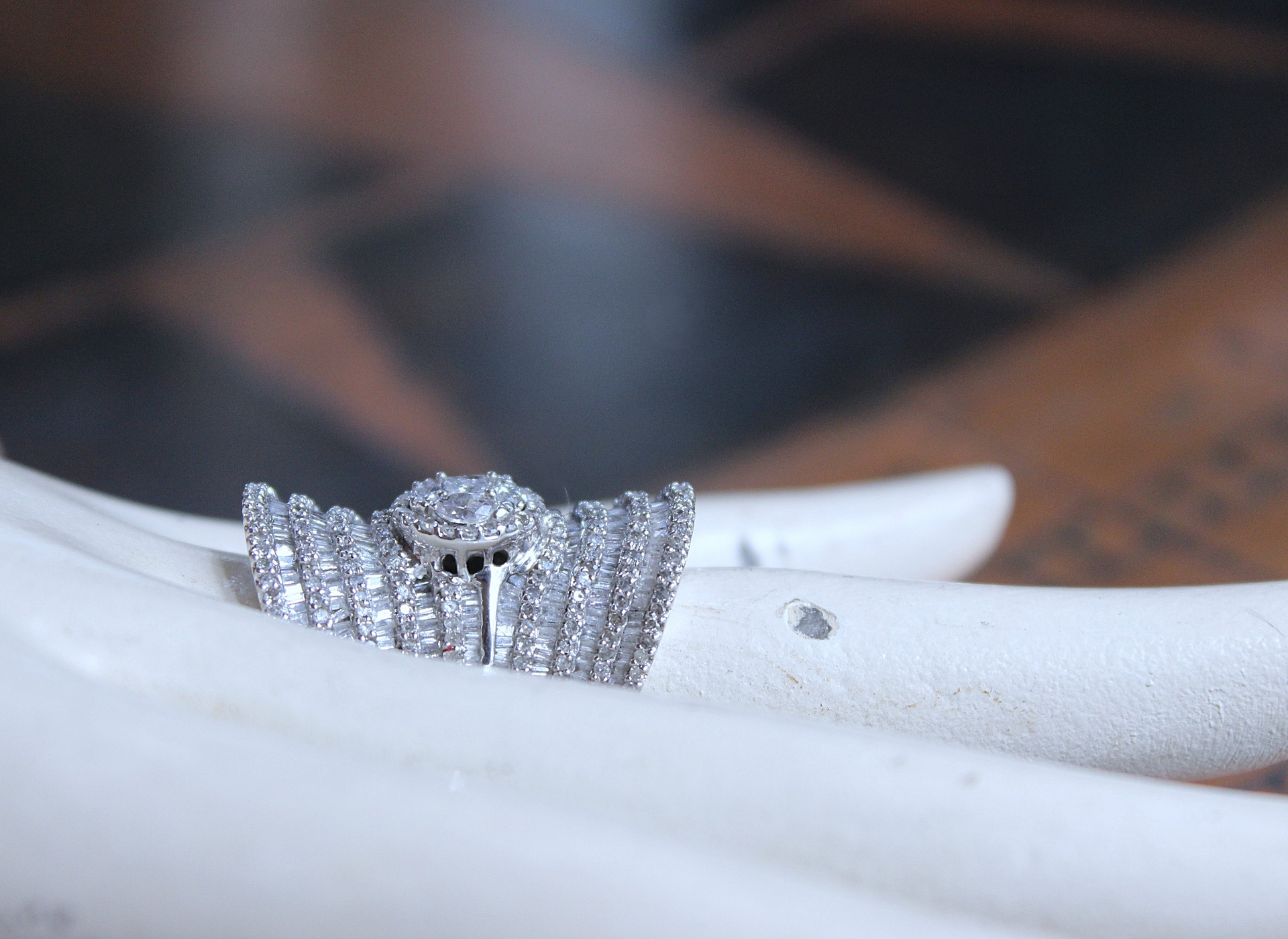Amazing Wide 18K White Gold Diamond Ring with 18 Rows of Round & Baguette Diamonds and Square Princess Cut Diamond 