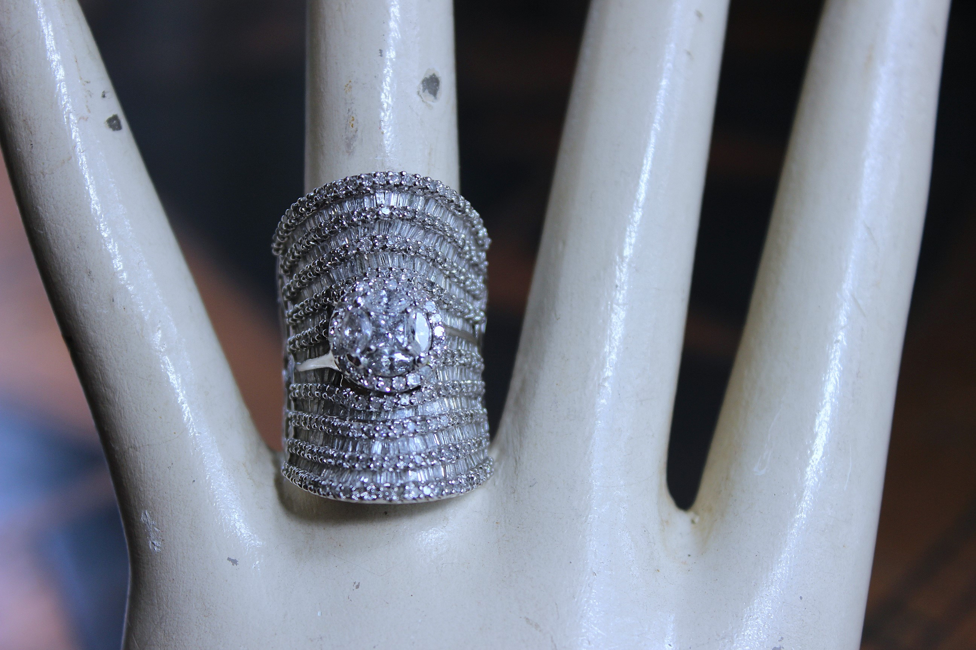 Amazing Wide 18K White Gold Diamond Ring with 18 Rows of Round & Baguette Diamonds and Square Princess Cut Diamond 