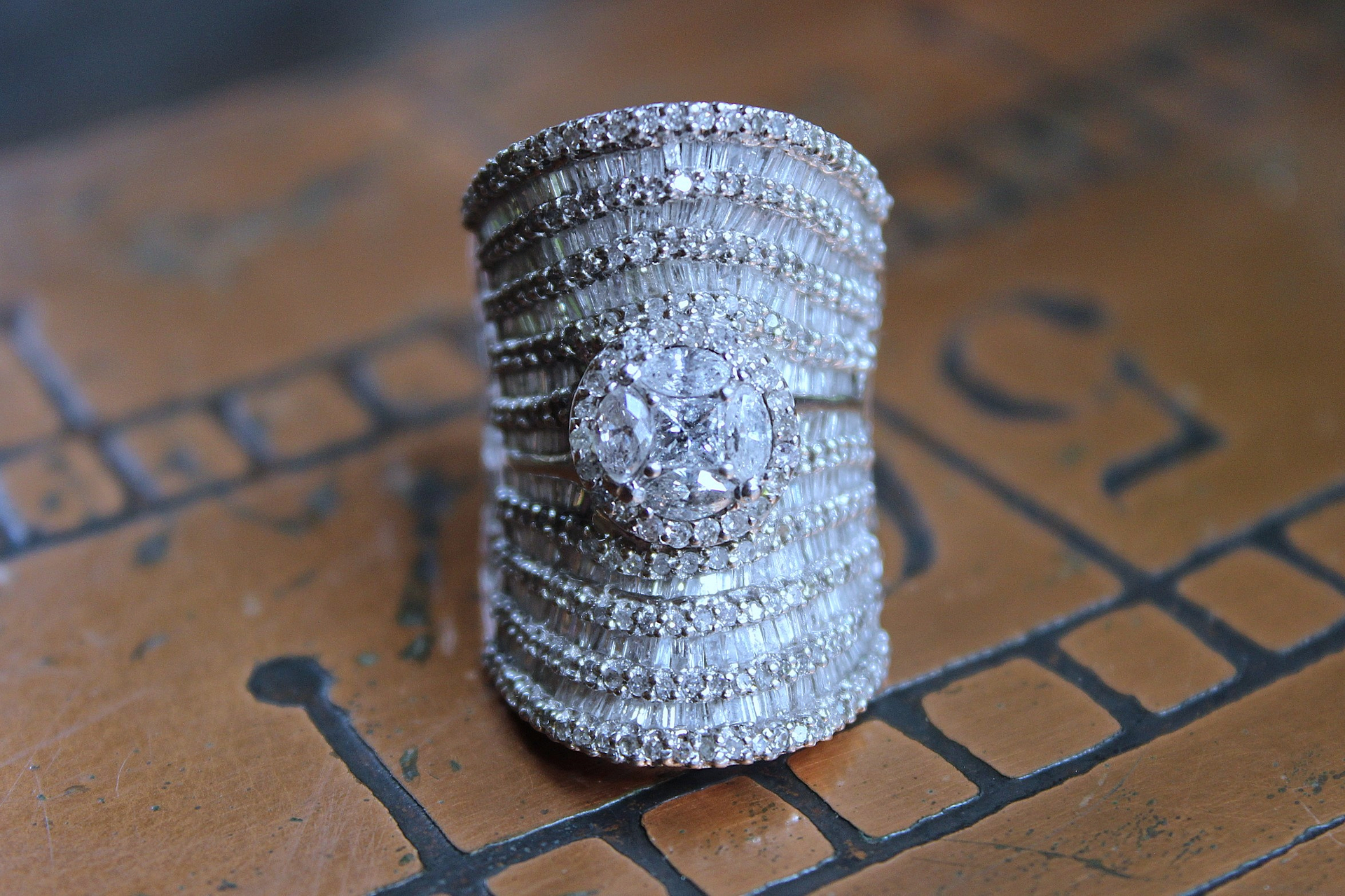 Amazing Wide 18K White Gold Diamond Ring with 18 Rows of Round & Baguette Diamonds and Square Princess Cut Diamond 