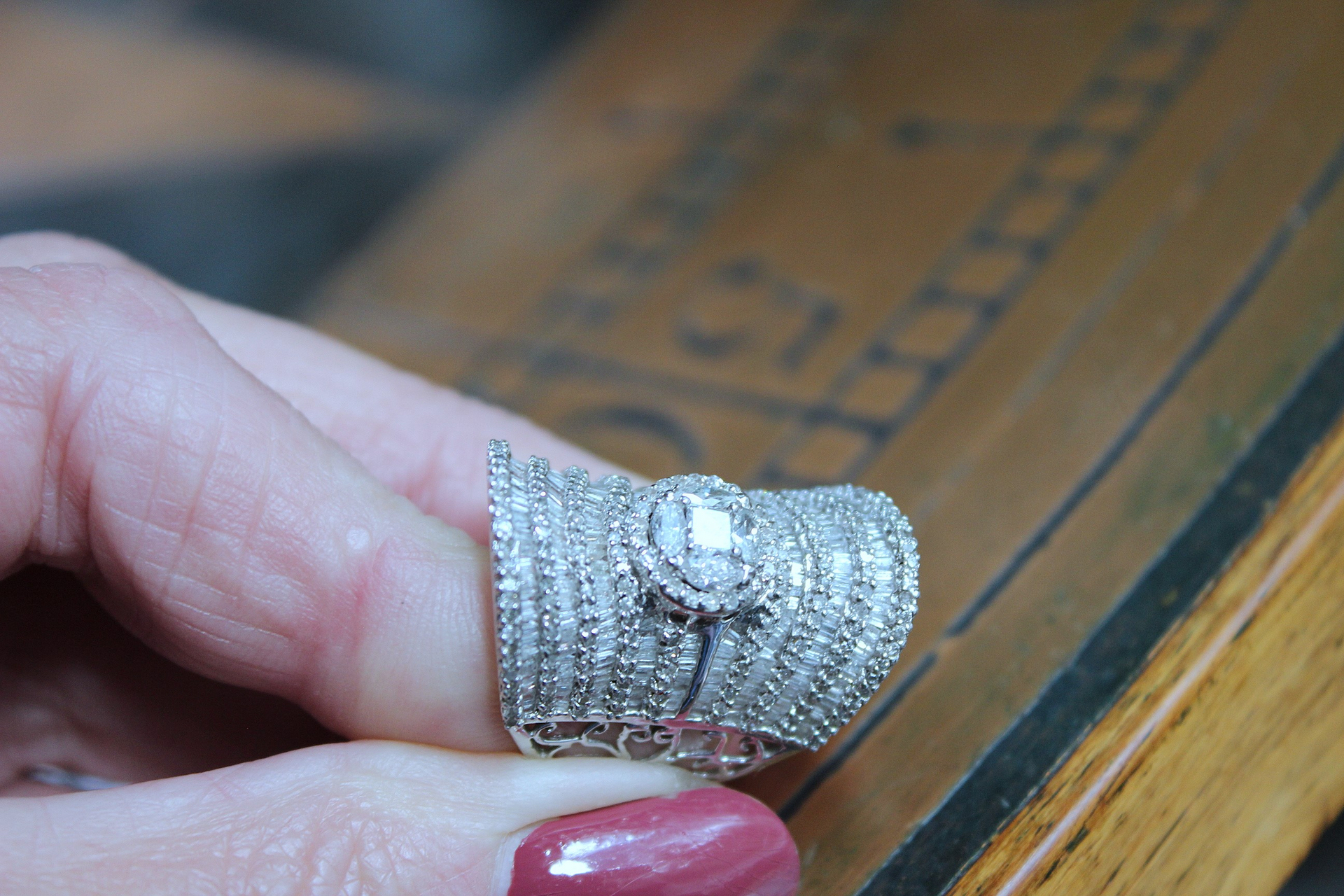 Amazing Wide 18K White Gold Diamond Ring with 18 Rows of Round & Baguette Diamonds and Square Princess Cut Diamond 