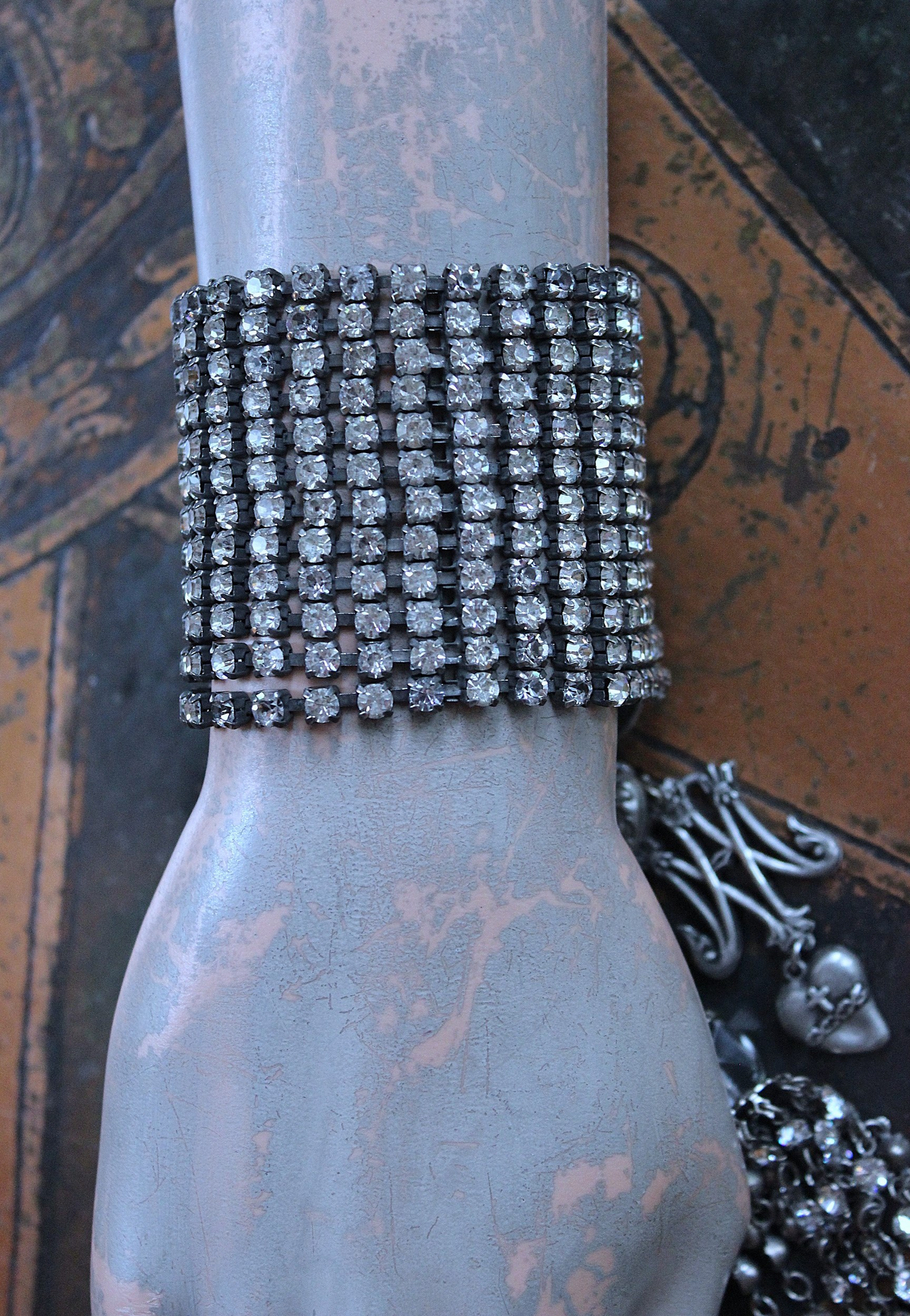 NEW! Antique 12 Row Faceted Prong Set Rhinestone Bracelet & Earring Set w/French Engraved Nun's Medal,Rhinestone Tassel,French Sacred Heart Cross & More!
