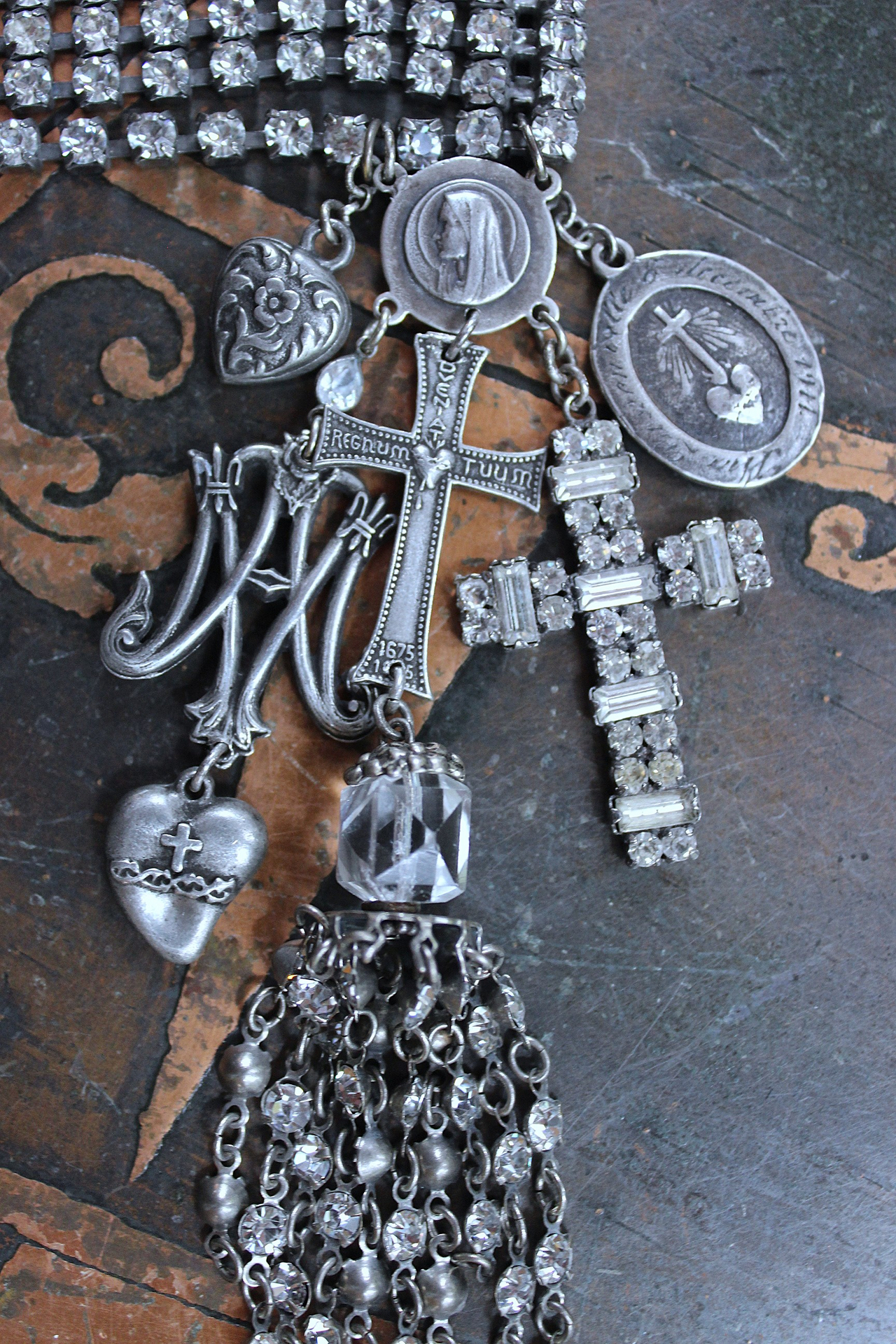 NEW! Antique 12 Row Faceted Prong Set Rhinestone Bracelet & Earring Set w/French Engraved Nun's Medal,Rhinestone Tassel,French Sacred Heart Cross & More!