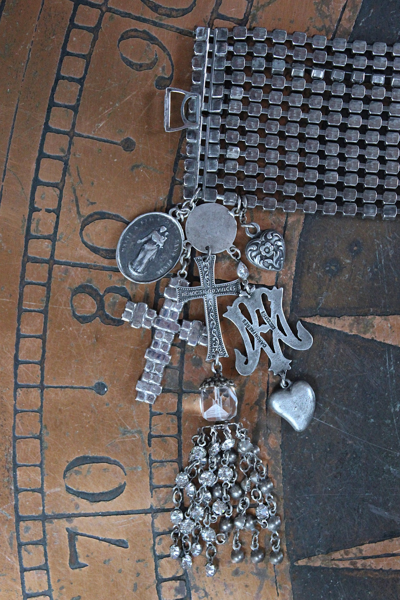 NEW! Antique 12 Row Faceted Prong Set Rhinestone Bracelet & Earring Set w/French Engraved Nun's Medal,Rhinestone Tassel,French Sacred Heart Cross & More!