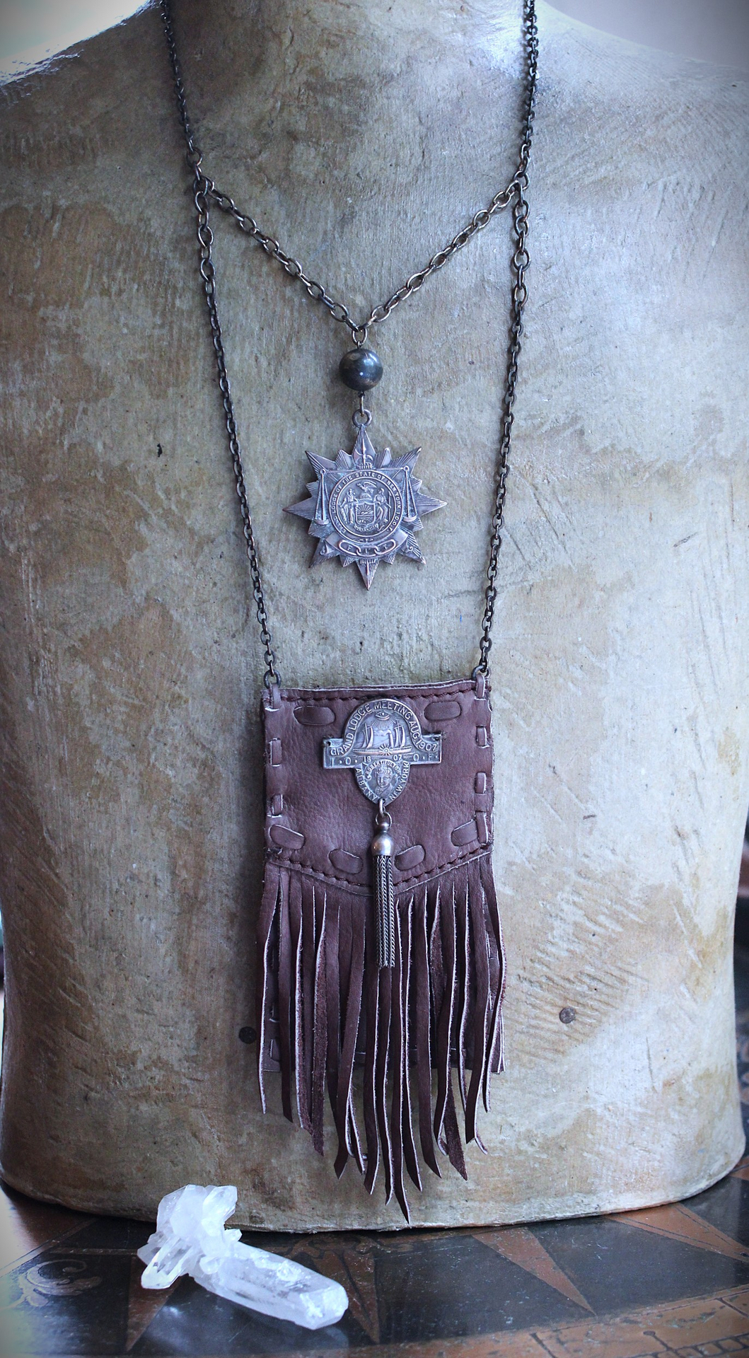 NEW! Unusual Leather Pouch Necklace with Rare 1907 IOOF Medal Set, OOAK Multi Terminated Clear Rock Quartz Crystal Point,Vintage Chain Tassel and Link Chains