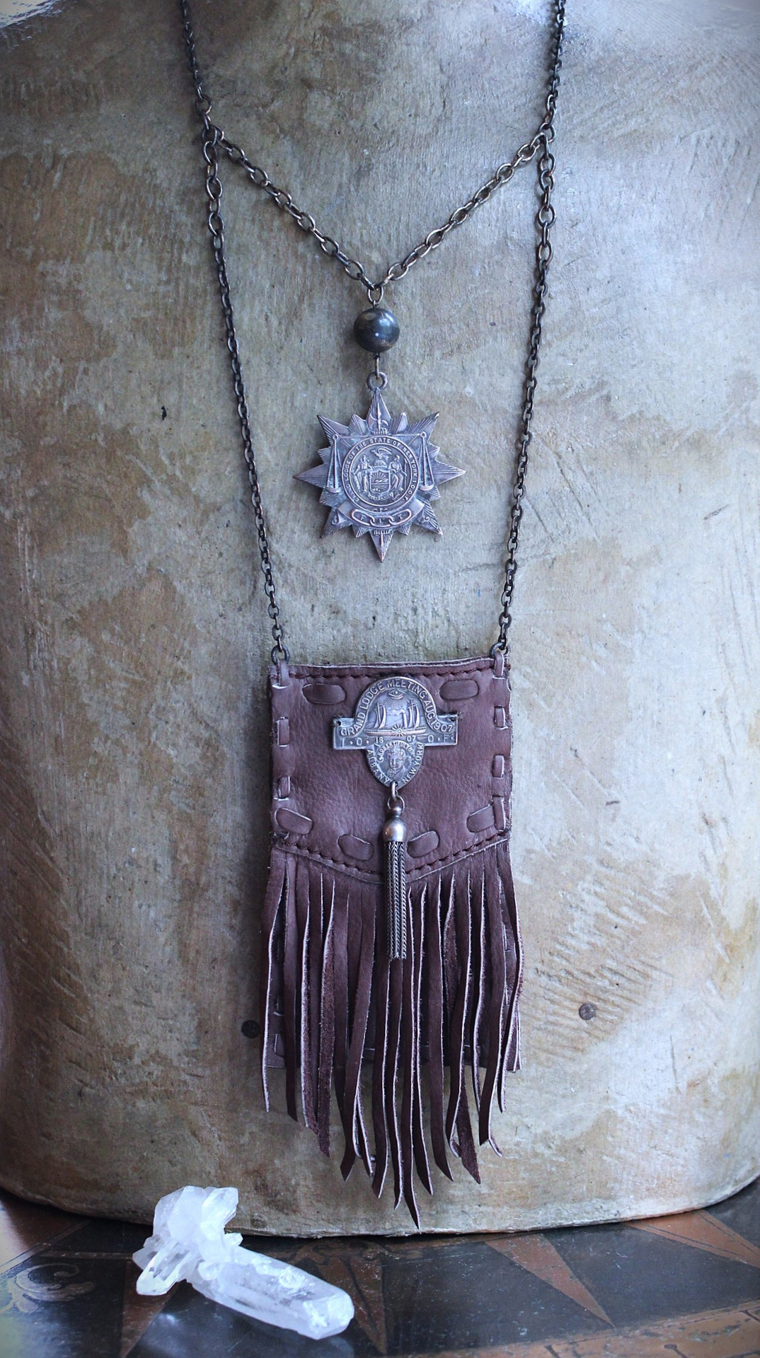 Unusual Leather Pouch Necklace with Rare 1907 IOOF Medal Set, OOAK Multi Terminated Clear Rock Quartz Crystal Point,Vintage Chain Tassel and Link Chains
