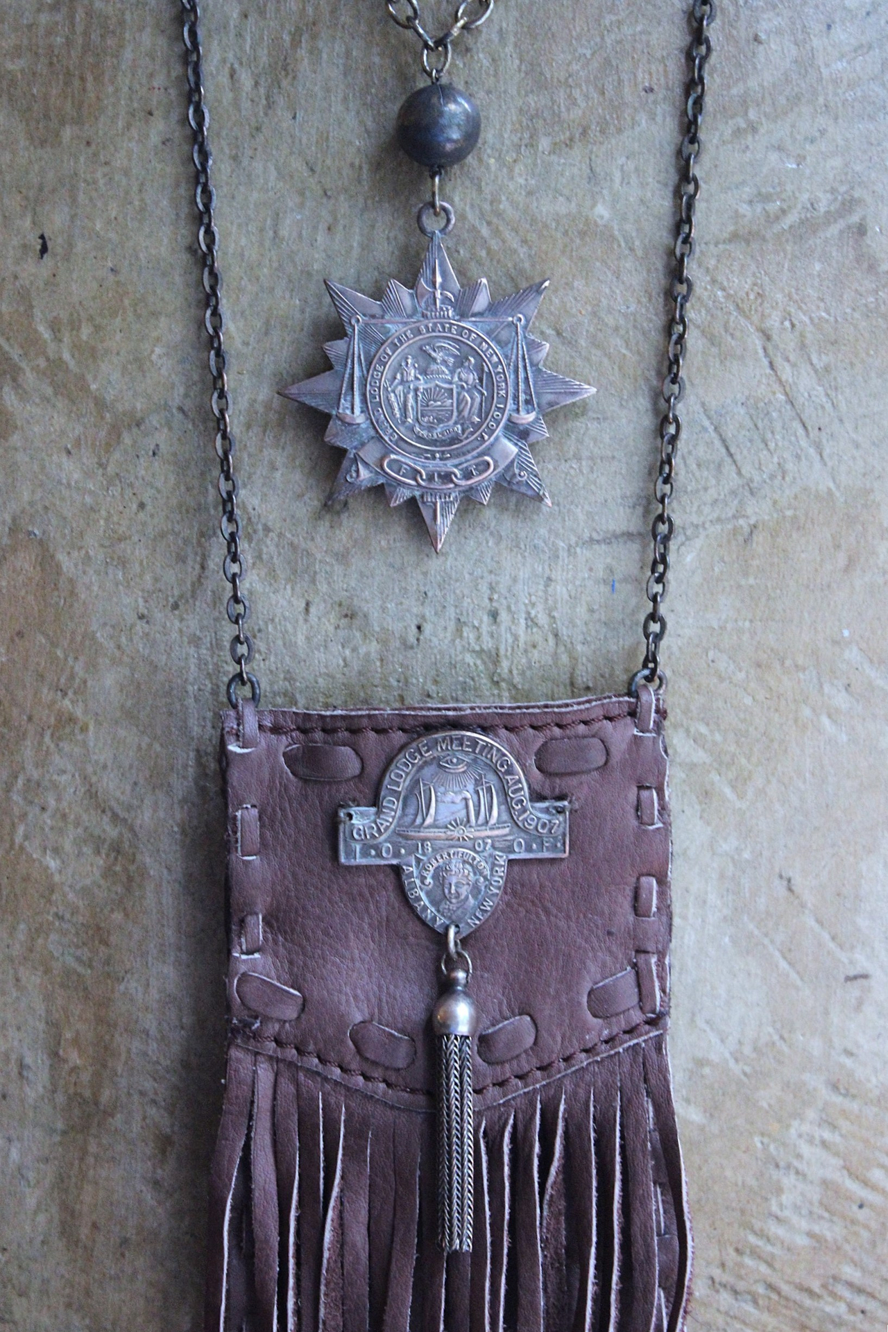 NEW! Unusual Leather Pouch Necklace with Rare 1907 IOOF Medal Set, OOAK Multi Terminated Clear Rock Quartz Crystal Point,Vintage Chain Tassel and Link Chains