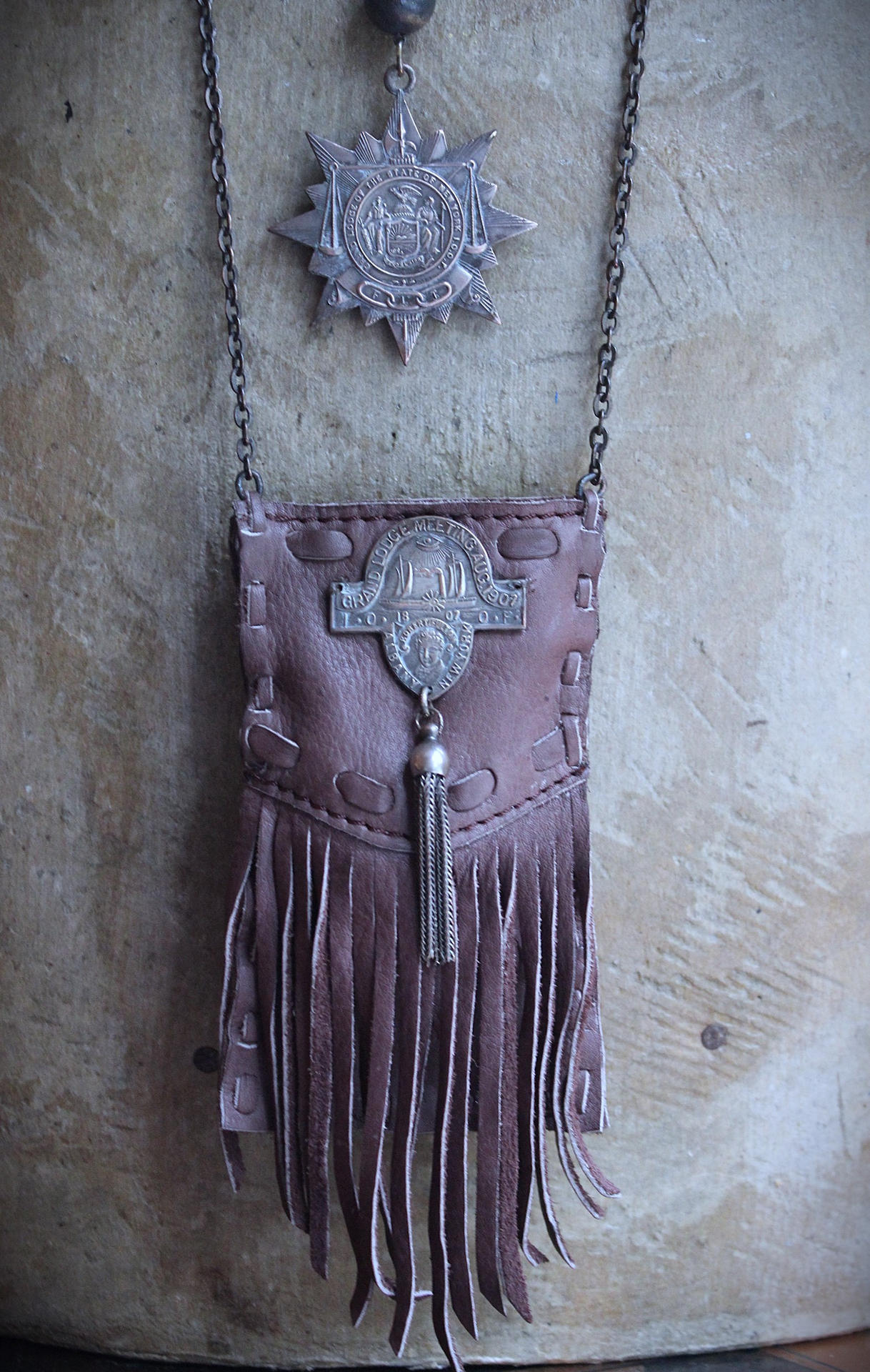 NEW! Unusual Leather Pouch Necklace with Rare 1907 IOOF Medal Set, OOAK Multi Terminated Clear Rock Quartz Crystal Point,Vintage Chain Tassel and Link Chains