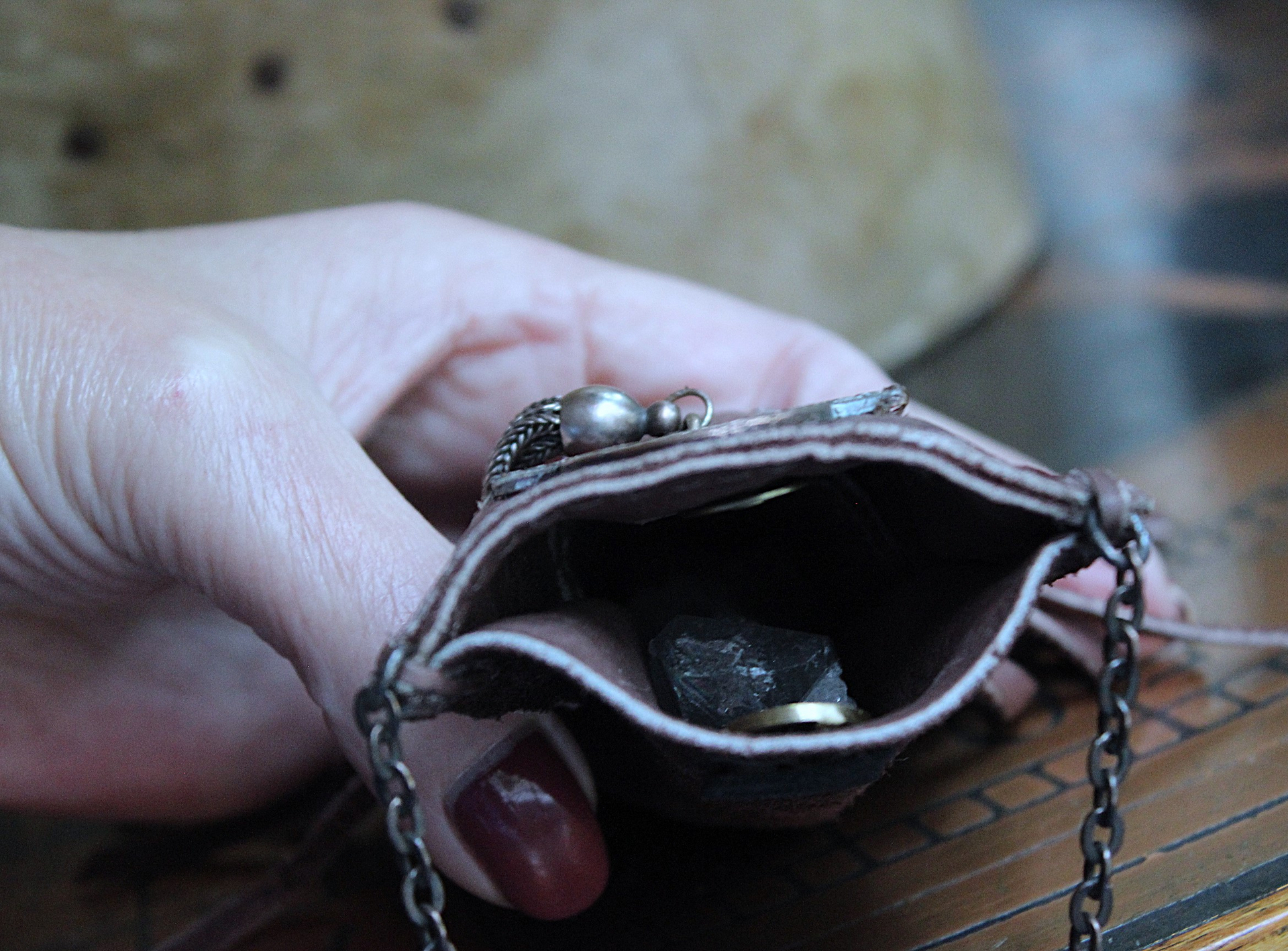 NEW! Unusual Leather Pouch Necklace with Rare 1907 IOOF Medal Set, OOAK Multi Terminated Clear Rock Quartz Crystal Point,Vintage Chain Tassel and Link Chains