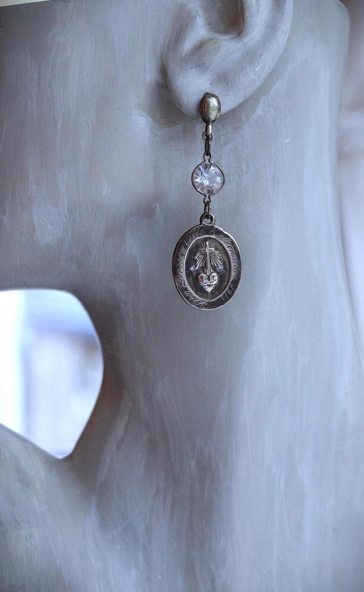 Rare Matching Gold Bronze Engraved Nun's Medal Earrings with Bezel Set Open Back Crystal Connectors 