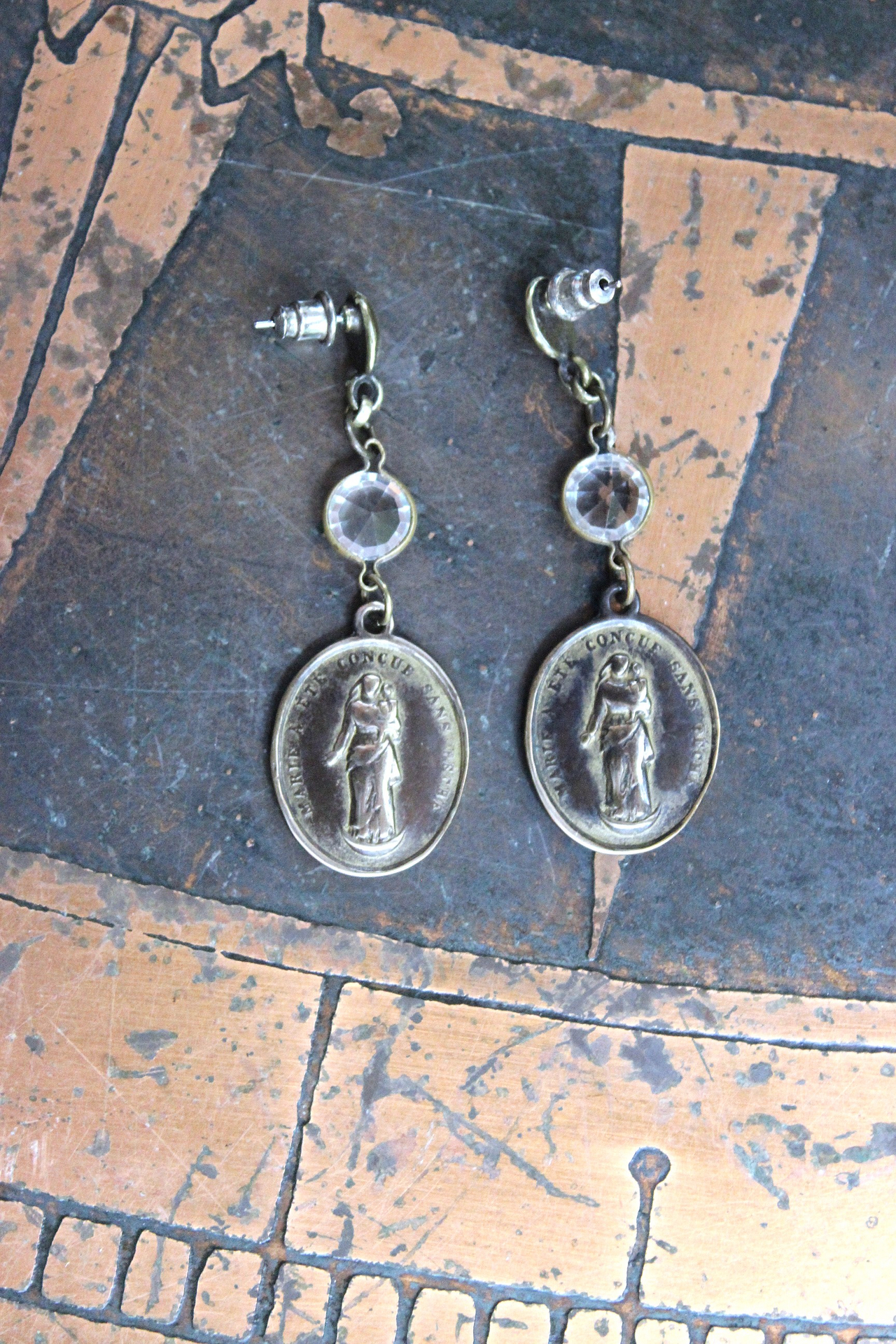 Rare Matching Gold Bronze Engraved Nun's Medal Earrings with Bezel Set Open Back Crystal Connectors 