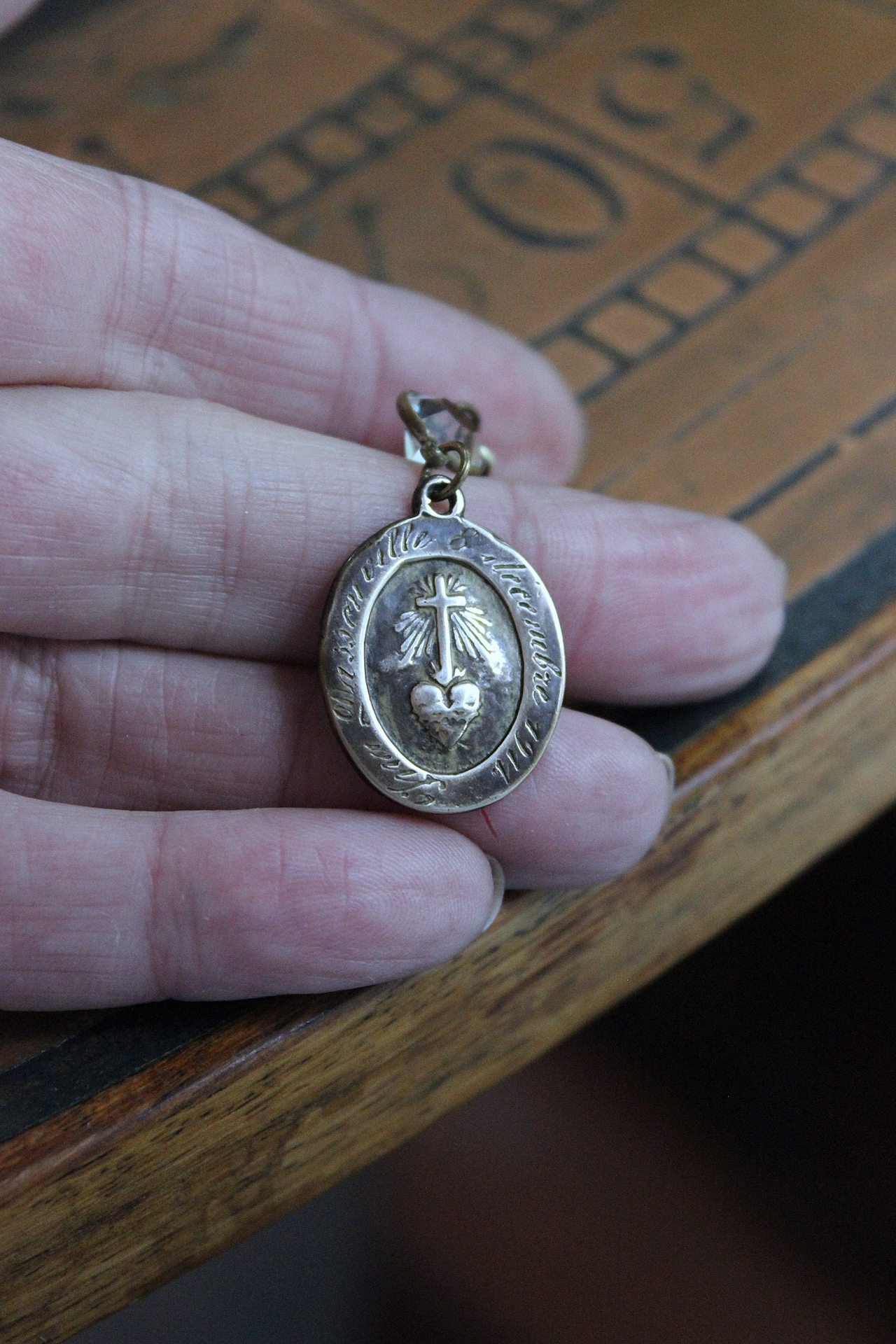 Rare Matching Gold Bronze Engraved Nun's Medal Earrings with Bezel Set Open Back Crystal Connectors 