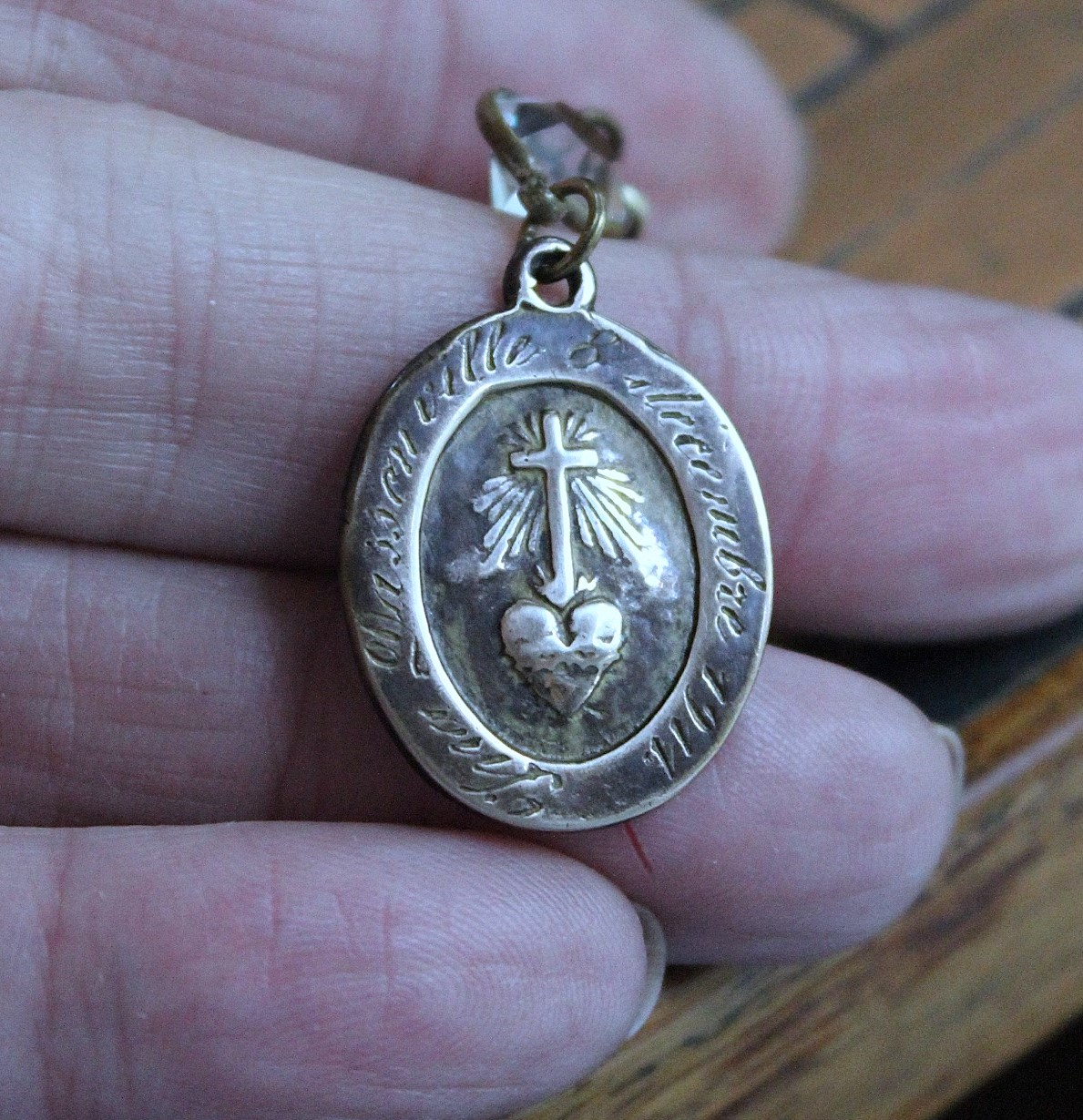 Rare Matching Gold Bronze Engraved Nun's Medal Earrings with Bezel Set Open Back Crystal Connectors 